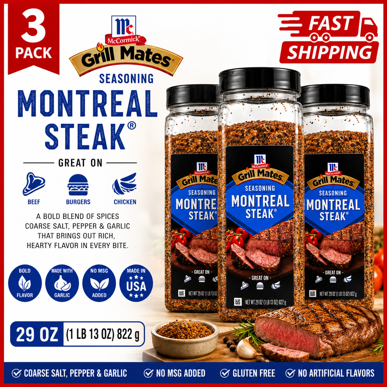 3-Pack McCormick, Grill Mates, Montreal Steak Seasoning, 29 oz