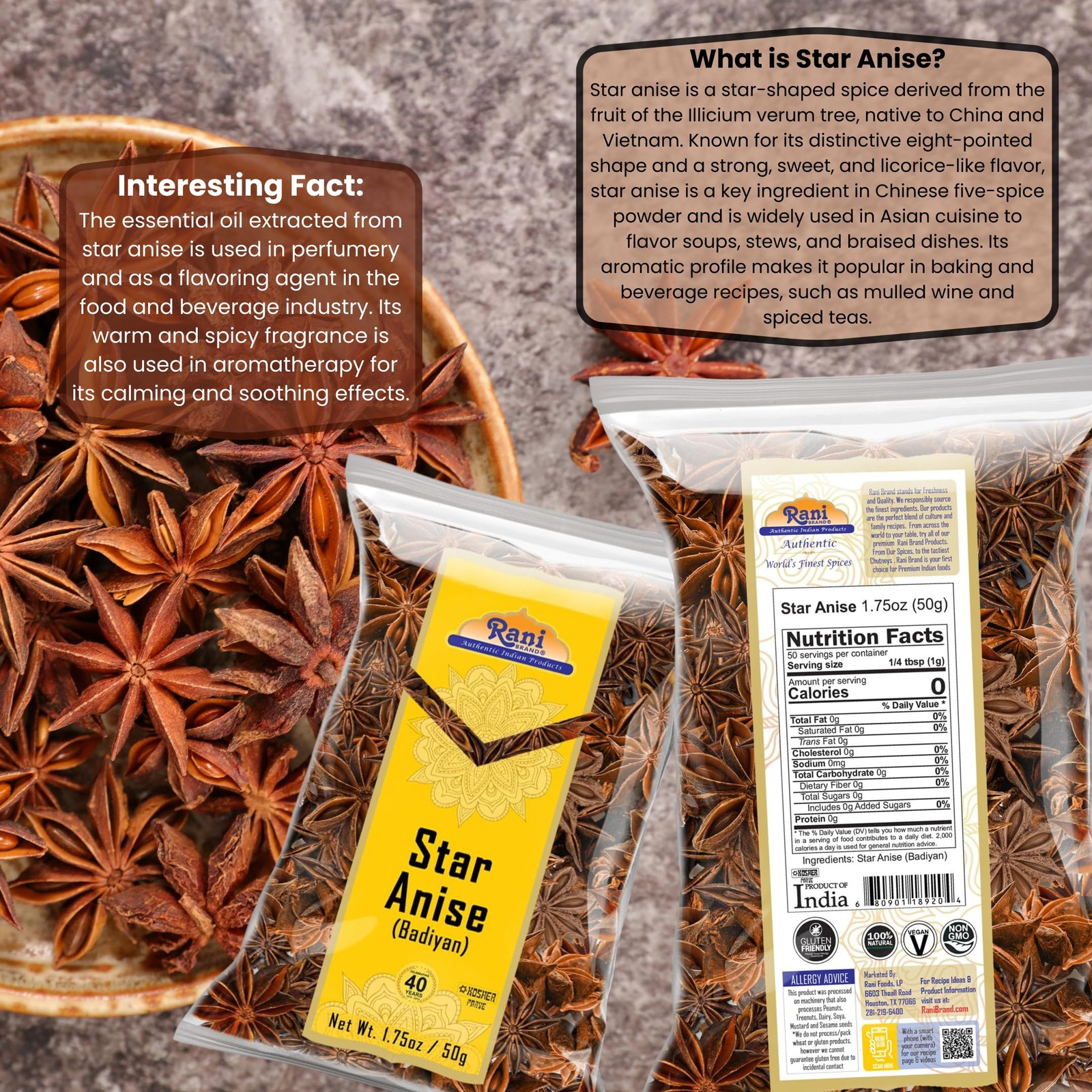 Rani Star Anise Seeds, Whole Pods (Badian Khatai) 1.76 Ounce (Pack of 1)