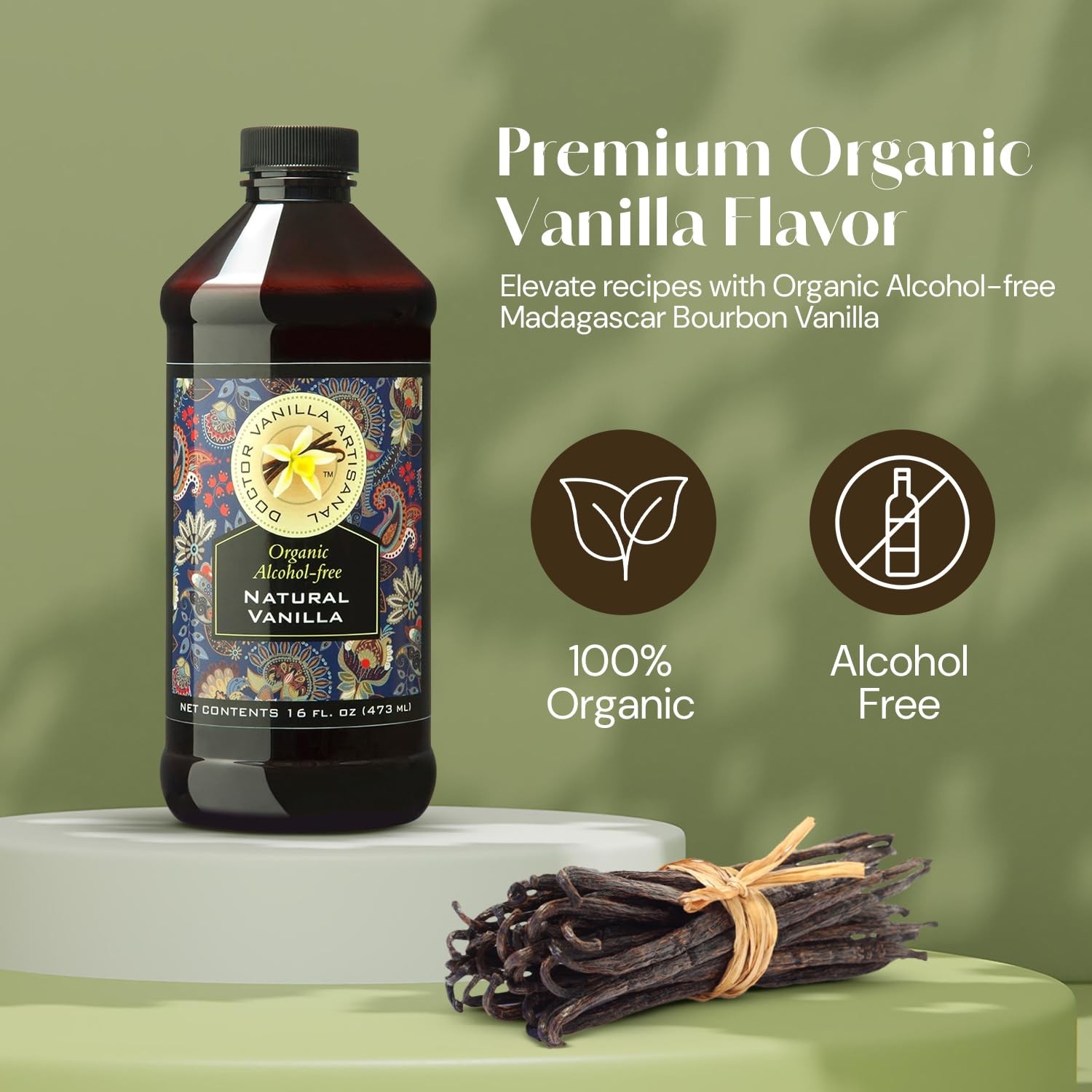 Organic Vanilla Alcohol‑Free Flavor, 16 fl oz – Madagascar Bourbon vanilla, 1…