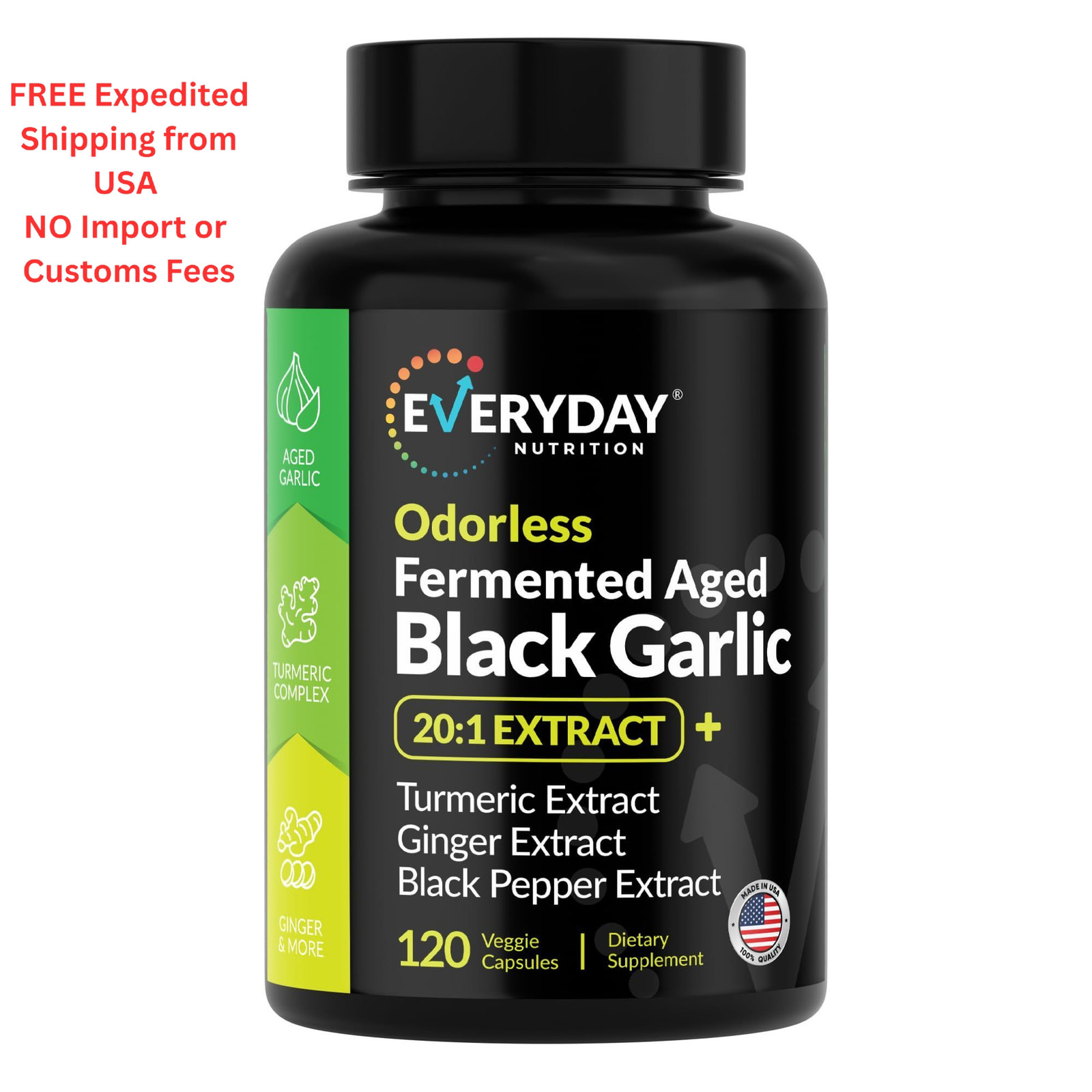 EVERYDAY NUTRITION Odorless Fermented Aged Black Garlic 90 Count (Pack of 1)