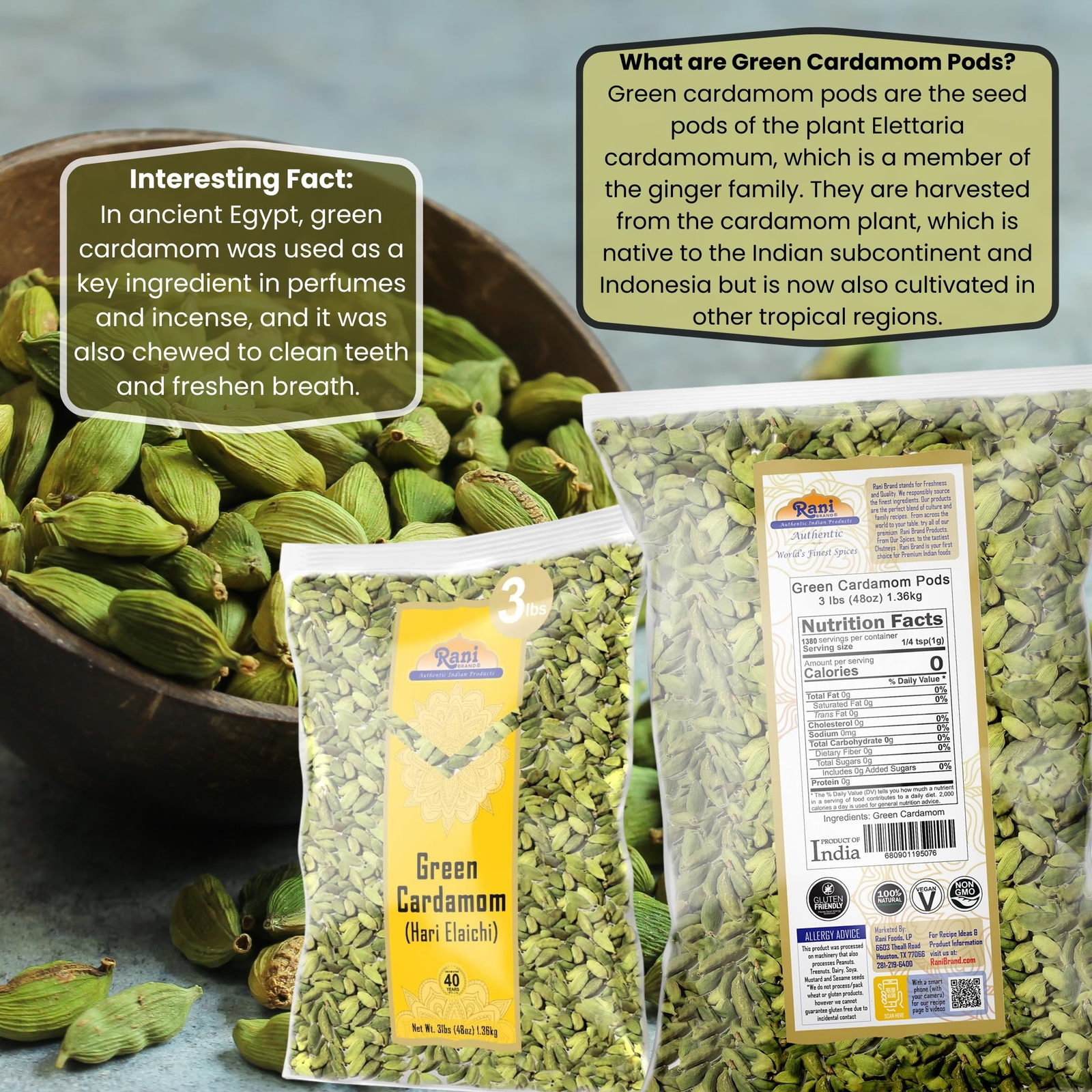 Rani Green Cardamom Pods Spice (Hari Elachi) 48oz (3lbs) 1.36kg