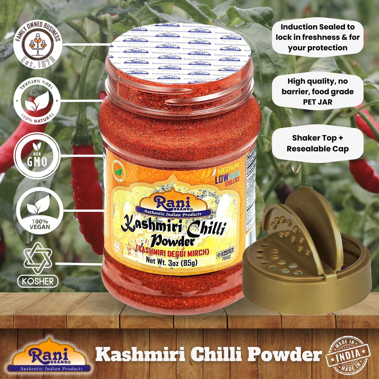 Rani Kashmiri Chilli Powder (Deggi Mirch, Low Heat) 0.19 Pound (Pack of 1)