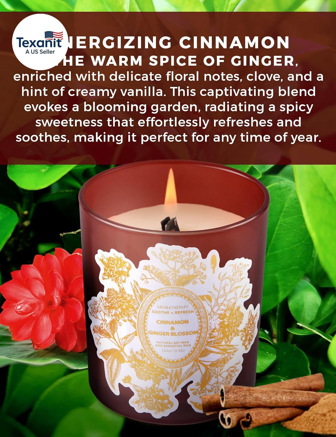 Cinnamon Ginger Blossom Wood Wick Soy Candle Long Lasting Aromatherapy