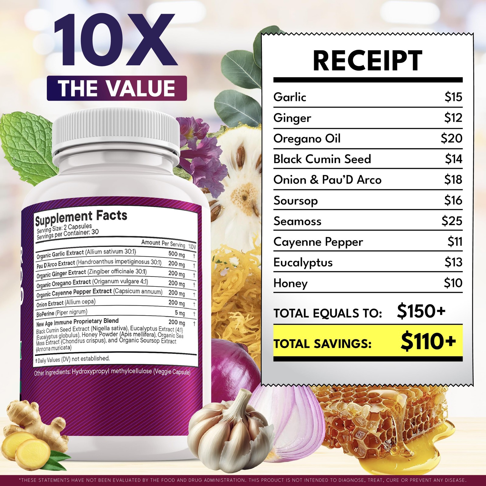 Garlic + Ginger Supplement – Oil of Oregano, 60 Count (Pack 2)