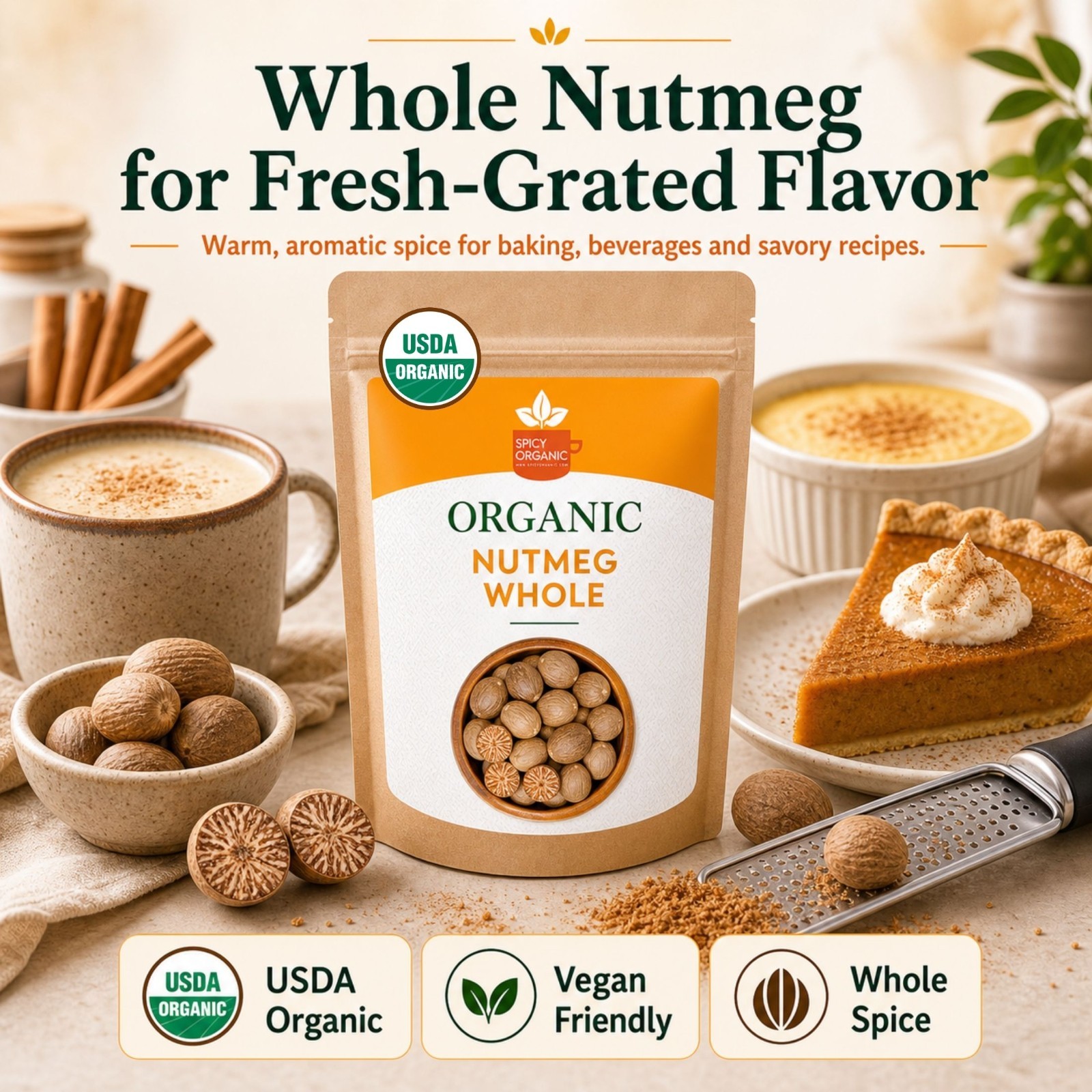 Spicy Organic Nutmeg Whole 16 oz | USDA Organic
