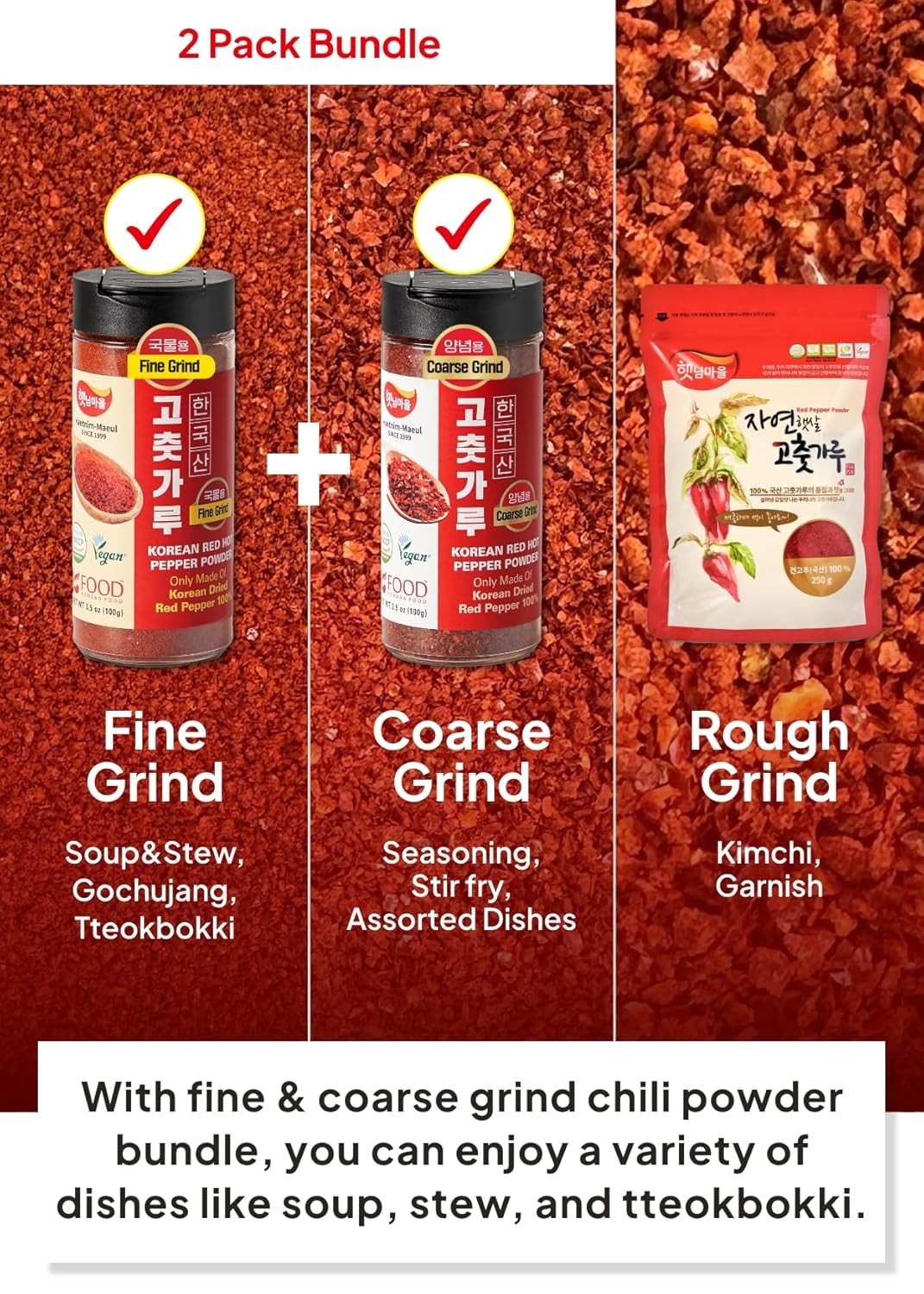 Korean Chili Powder Bundle, Fine and Coarse Red Pepper for Cooking Essentials