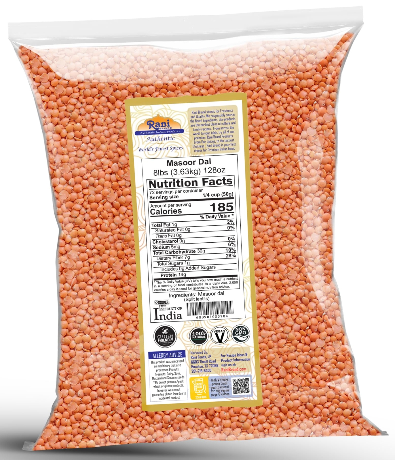 Rani Masoor Dal (Indian Red Lentils) Split Gram, 128oz (8lbs) 3.63kg, Bulk
