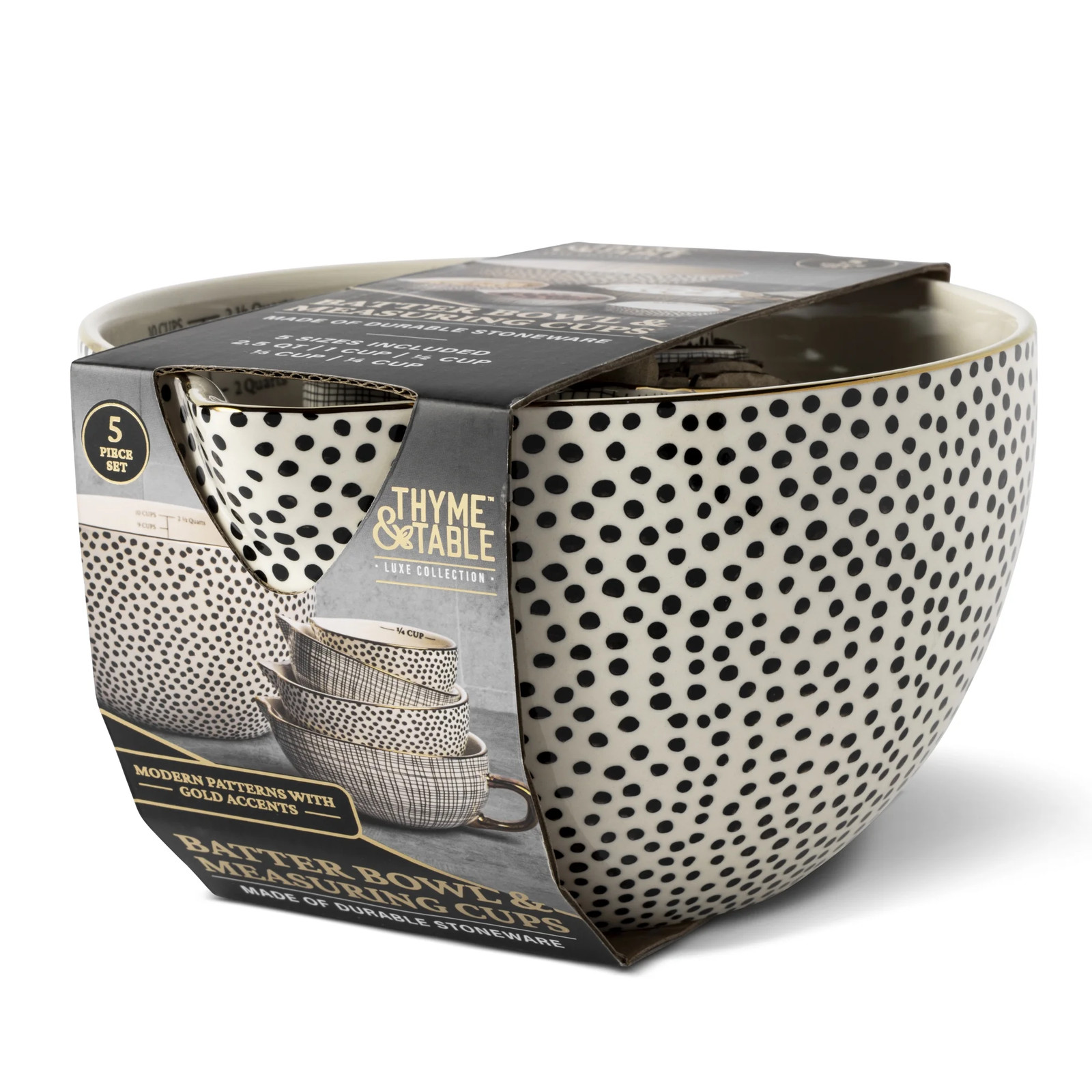 Thyme & Table 5-Pc Ceramic Mixing & Measuring Bowl Set Dot Pattern Kitchen Gift