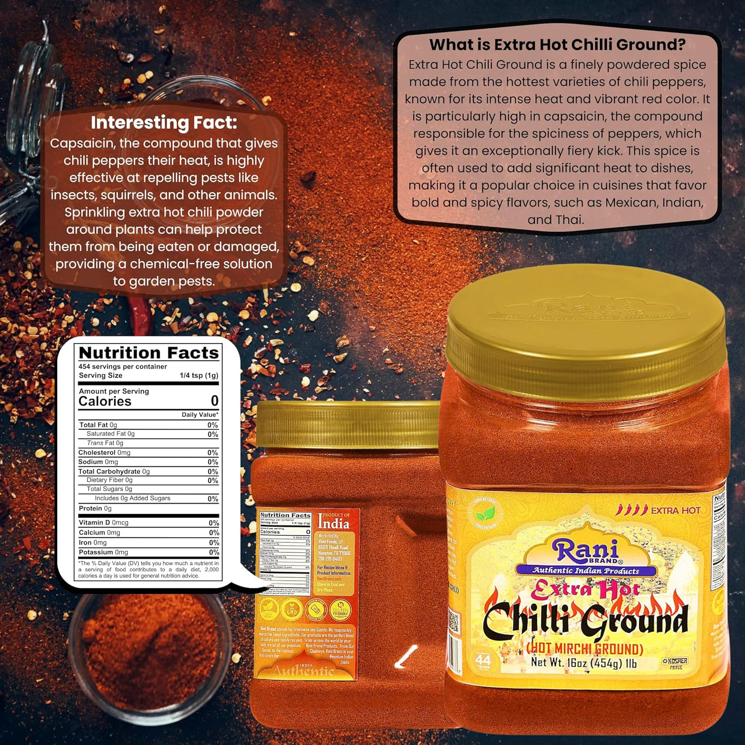 Rani Extra Hot Chilli Powder Indian Spice 16oz (1lb) 454g PET Jar ~ All Natural