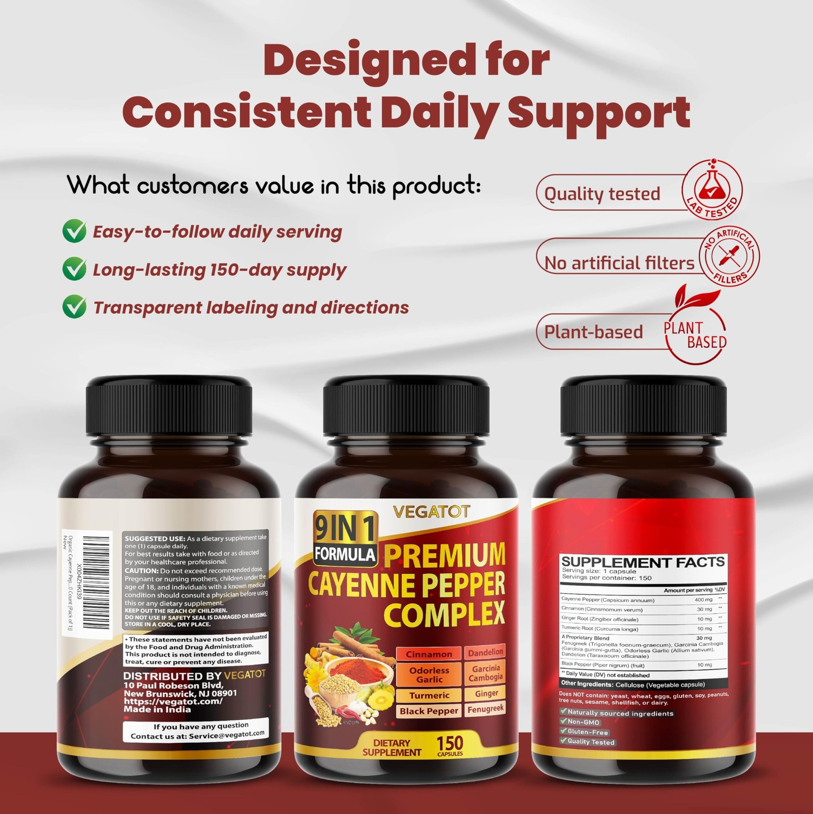 Vegatot Cayenne Pepper Capsules, 9-in-1 Complex with 150 Count (Pack of 1)