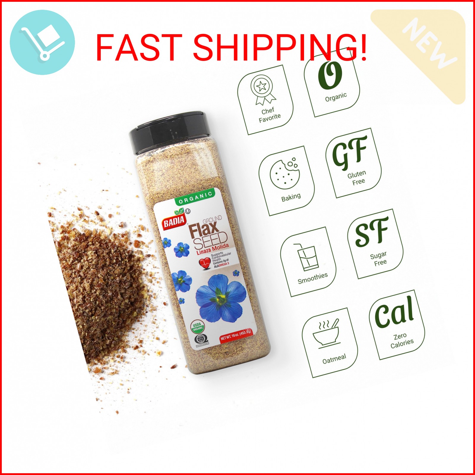 Badia Organic Ground Flax Seed, 16 oz – Superfood High in Fiber & Omega-3, Certi