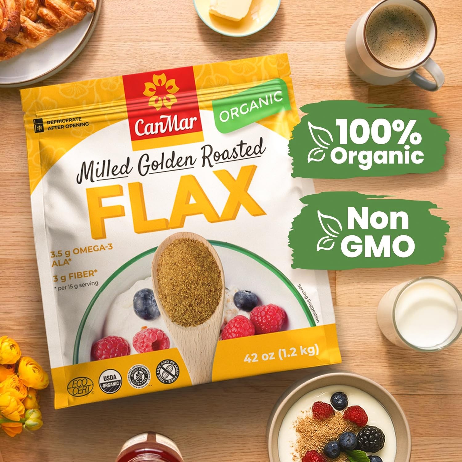 CanMar Ground Milled Golden Roasted Organic Flaxseed, 42 oz – Vegan, Non-GMO,…