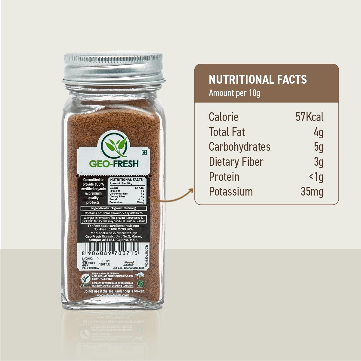 Geo-Fresh Organic Nutmeg Ground Powder, 1.76 oz (50g) Ounce (Pack of 1)