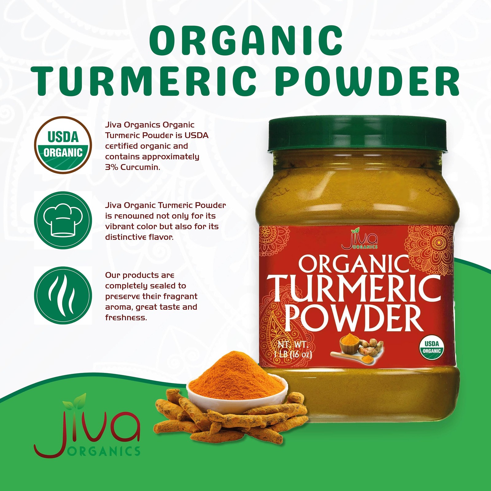 Organic Turmeric Powder 1 Pound Jar by Jiva 1 (Pack of 1), Yellow