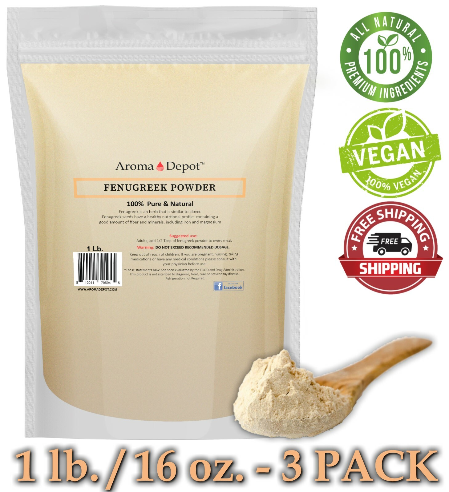 1lb. Fenugreek Seed Powder 3 lbs. (x3-1lb) Trigonella foenum-graecum (Methi) LOT