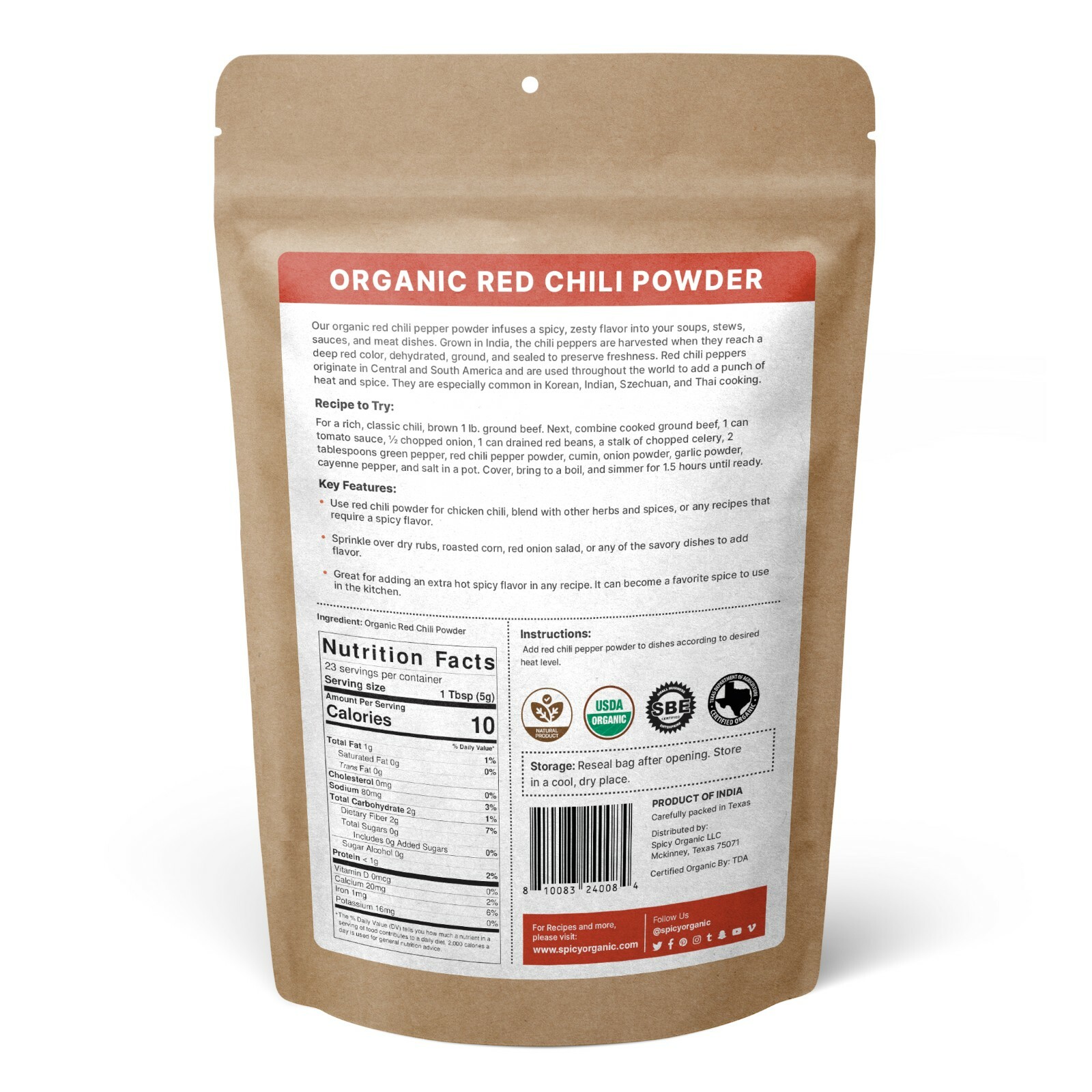 Organic Red Chili Powder (4 OZ) Pure and Natural Chili Powder Seasoning