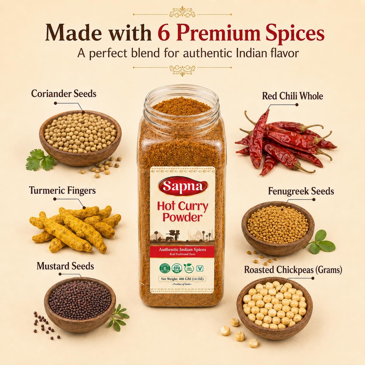 Sapna Hot Curry Powder All Natural Vegan Gluten Free Paleo No Preservative 14oz