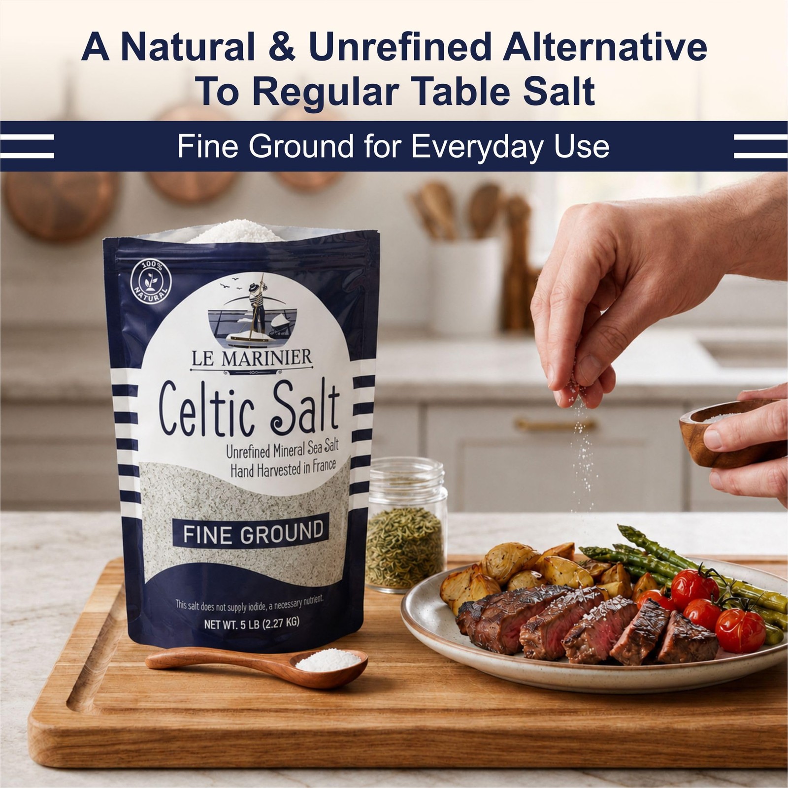 Le Marinier Celtic Salt Organic Fine Ground, 1.1lb 18oz. Mineral Rich. 100% …
