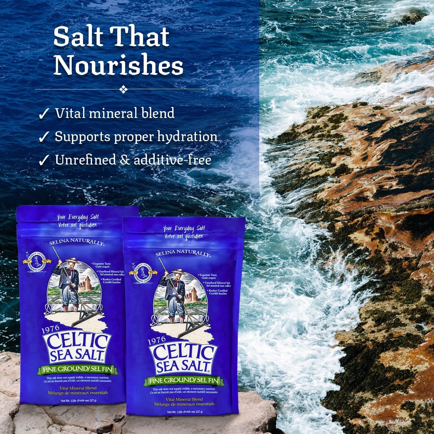 Unrefined Sea Salt with Vital Minerals – 2 Pack Resealable 1 lb Bags for Cooking