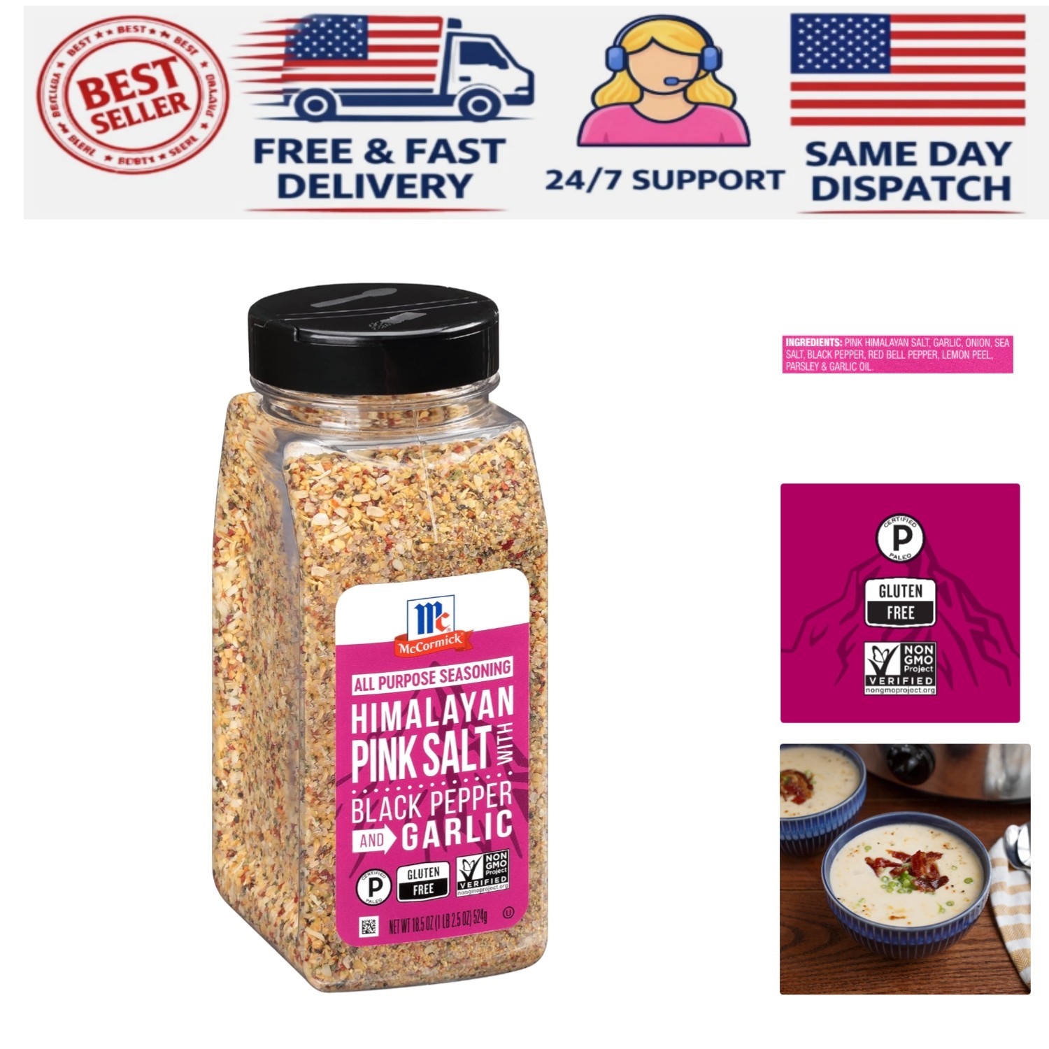 All-Purpose Himalayan Pink Salt with Garlic & Black Pepper – 18.5 oz Container