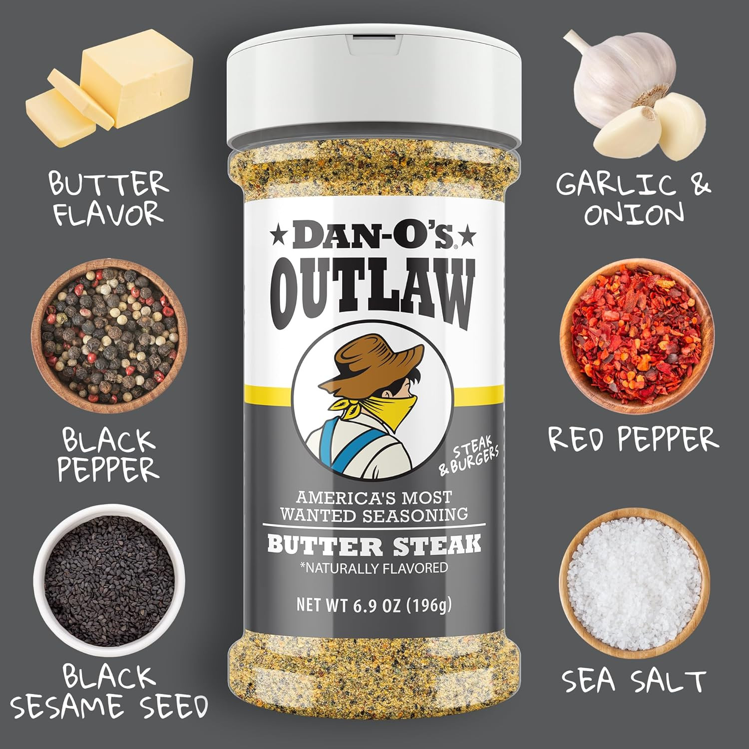 Outlaw Seasoning 6 Bottle Set- Butter Dust, Butter Steak, Spicy BBQ, Sweet Carib