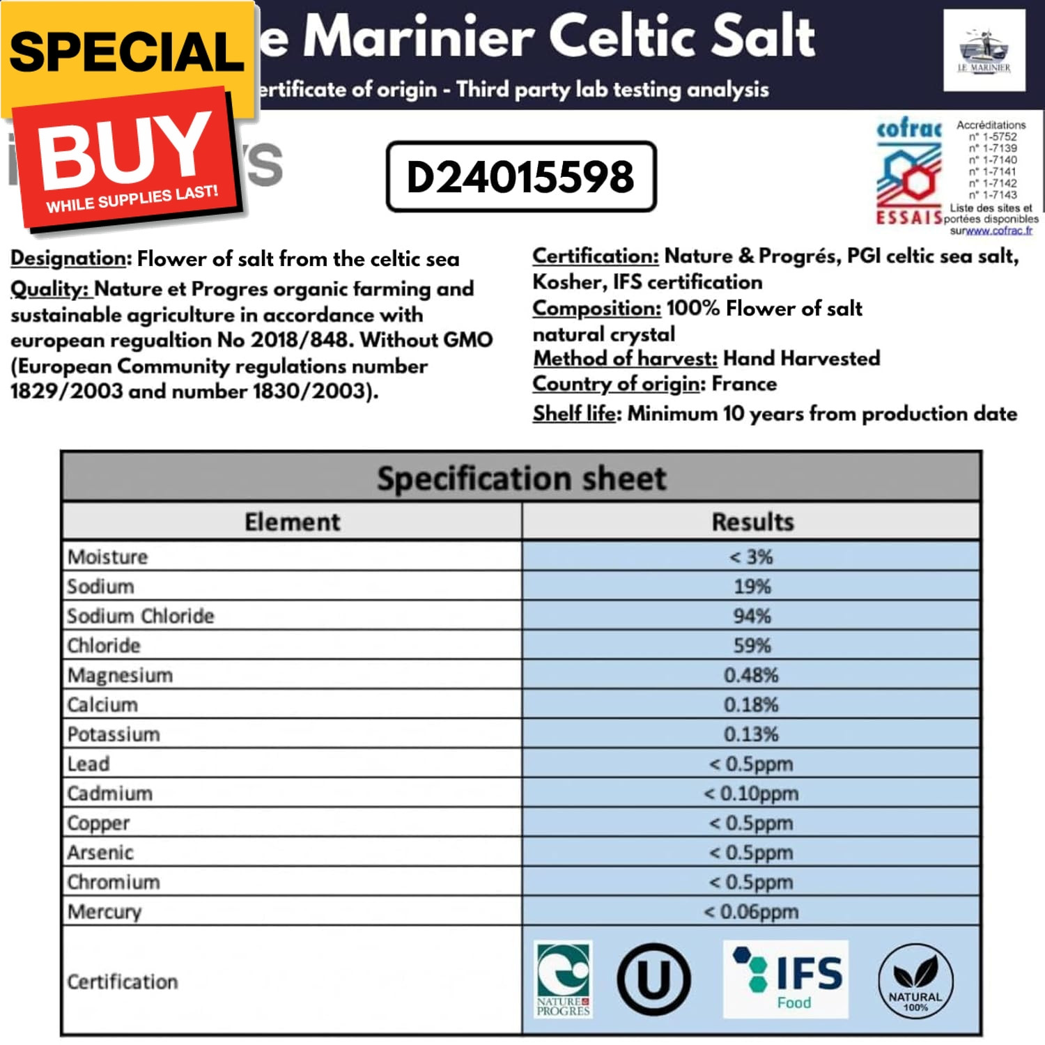Le Marinier French Sea Salt Flower of Salt – Fleur de Sel Salt 0.6lb – 8.81oz. M