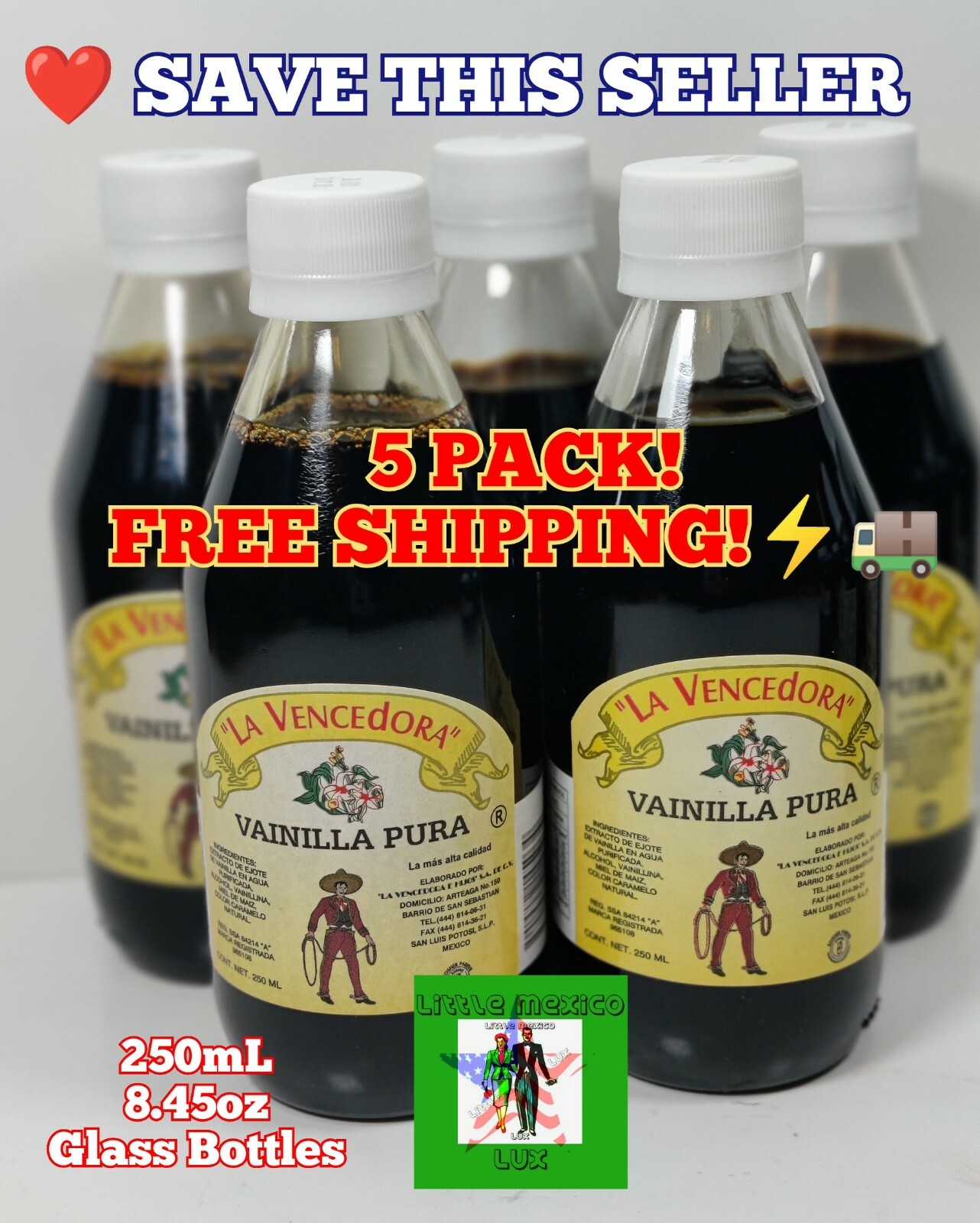 5 PACK Great Deal 8.45oz/250mL Glass Bottles La Vencedora Mexican Vanilla⚡🚚