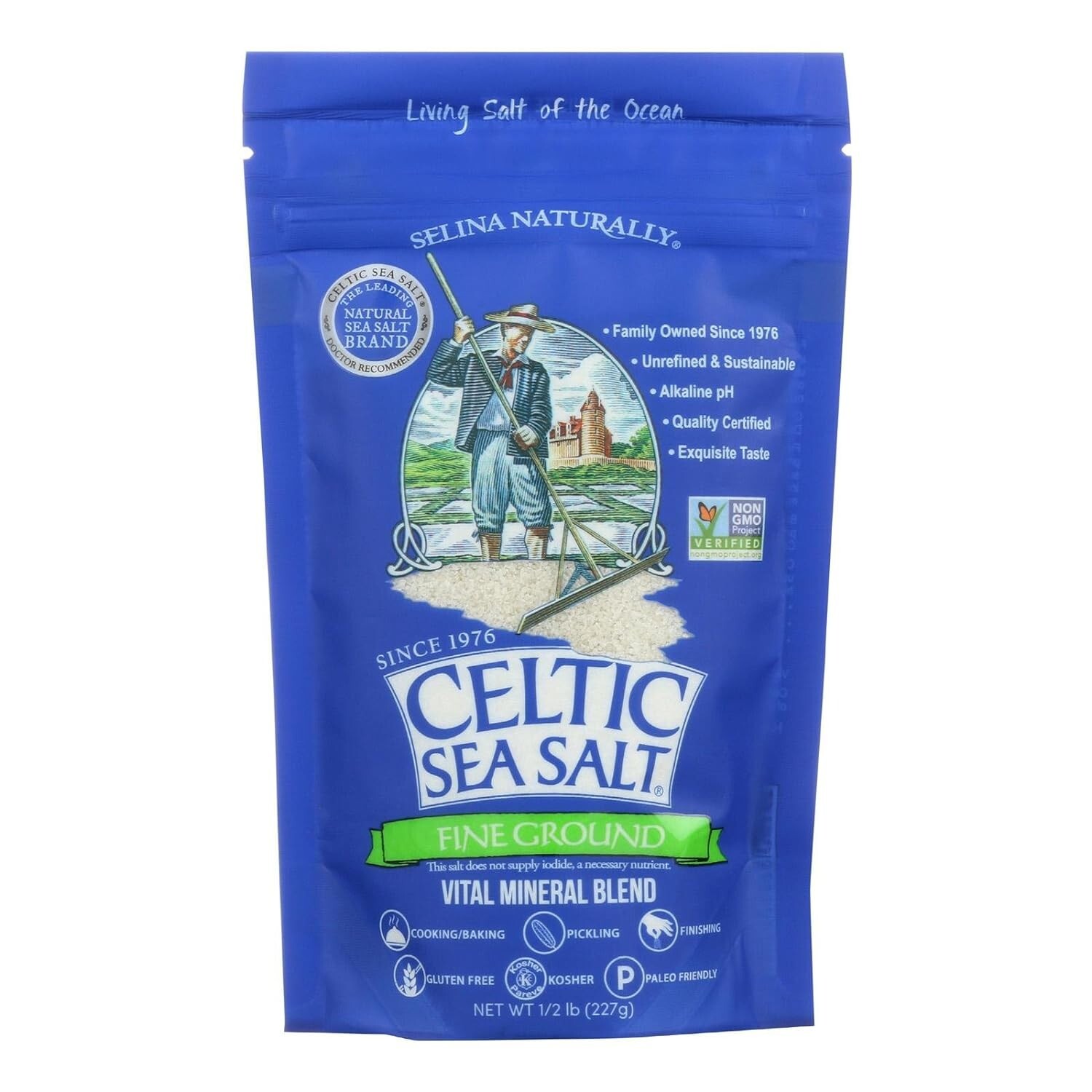 Selina Naturally Celtic Sea Salt Fine Ground Resealable Bag 1/2Lb (8oz)