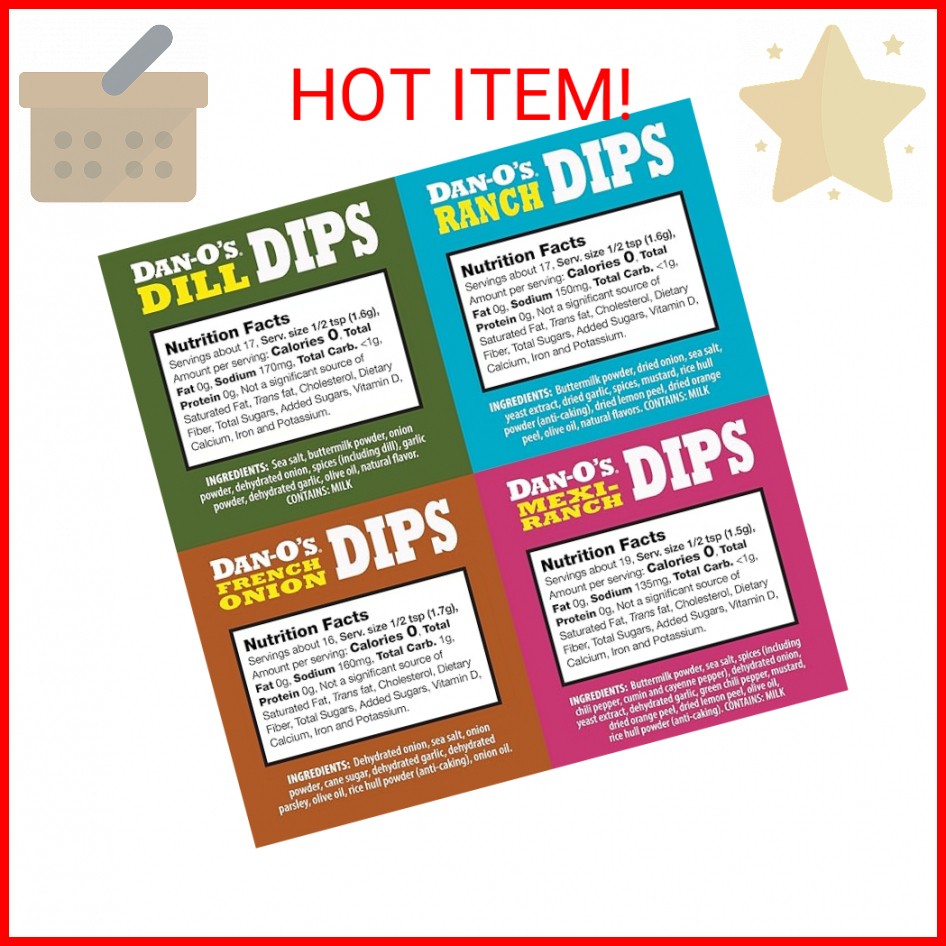 Dan-O’s Dips Variety Pack (16 Pack) – Ranch, Mexi-Ranch, French Onion & Dill Dip