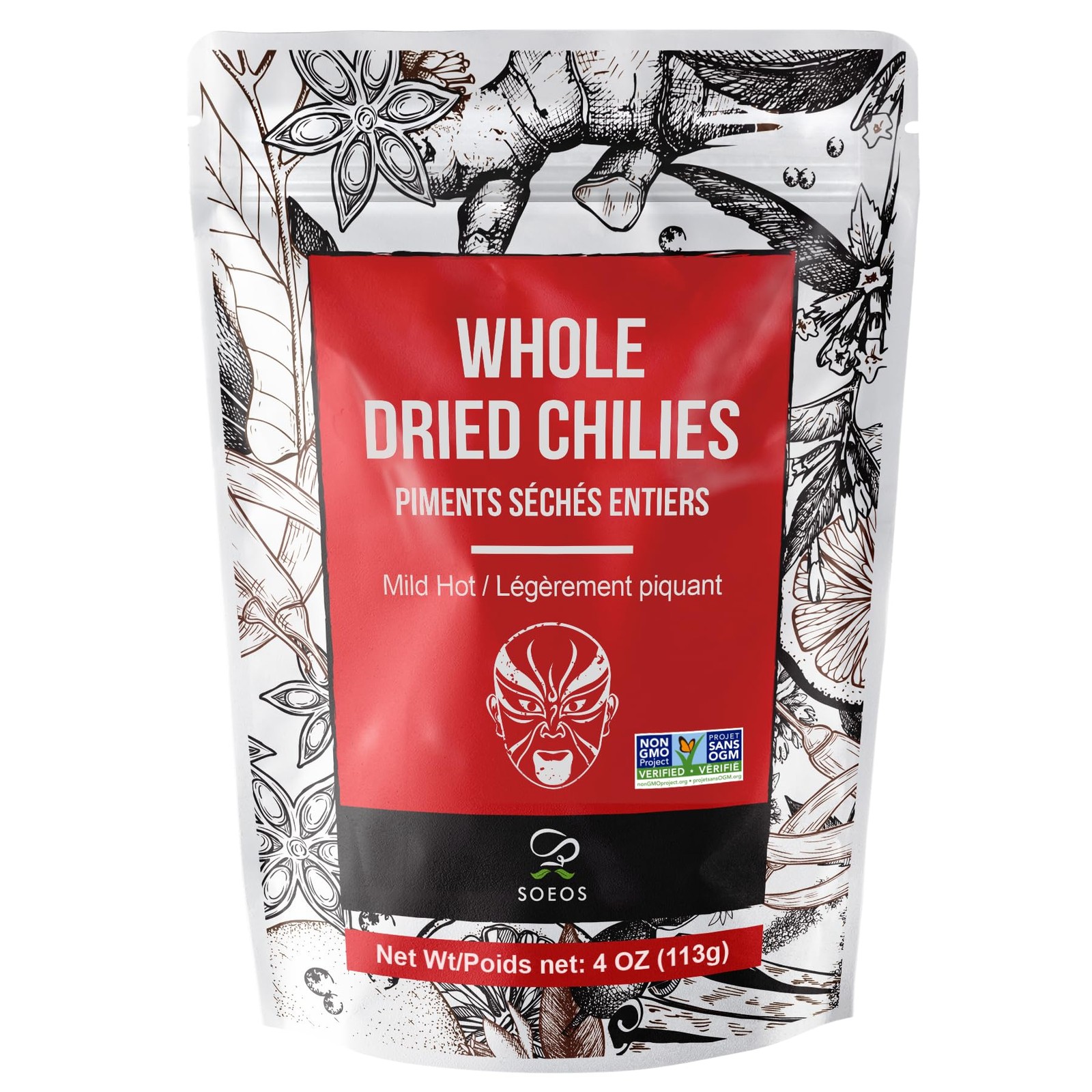 Soeos Whole Dried Chilies 4 oz, Mild Spicy Chili Peppers, 4 Ounce (Pack of 1)
