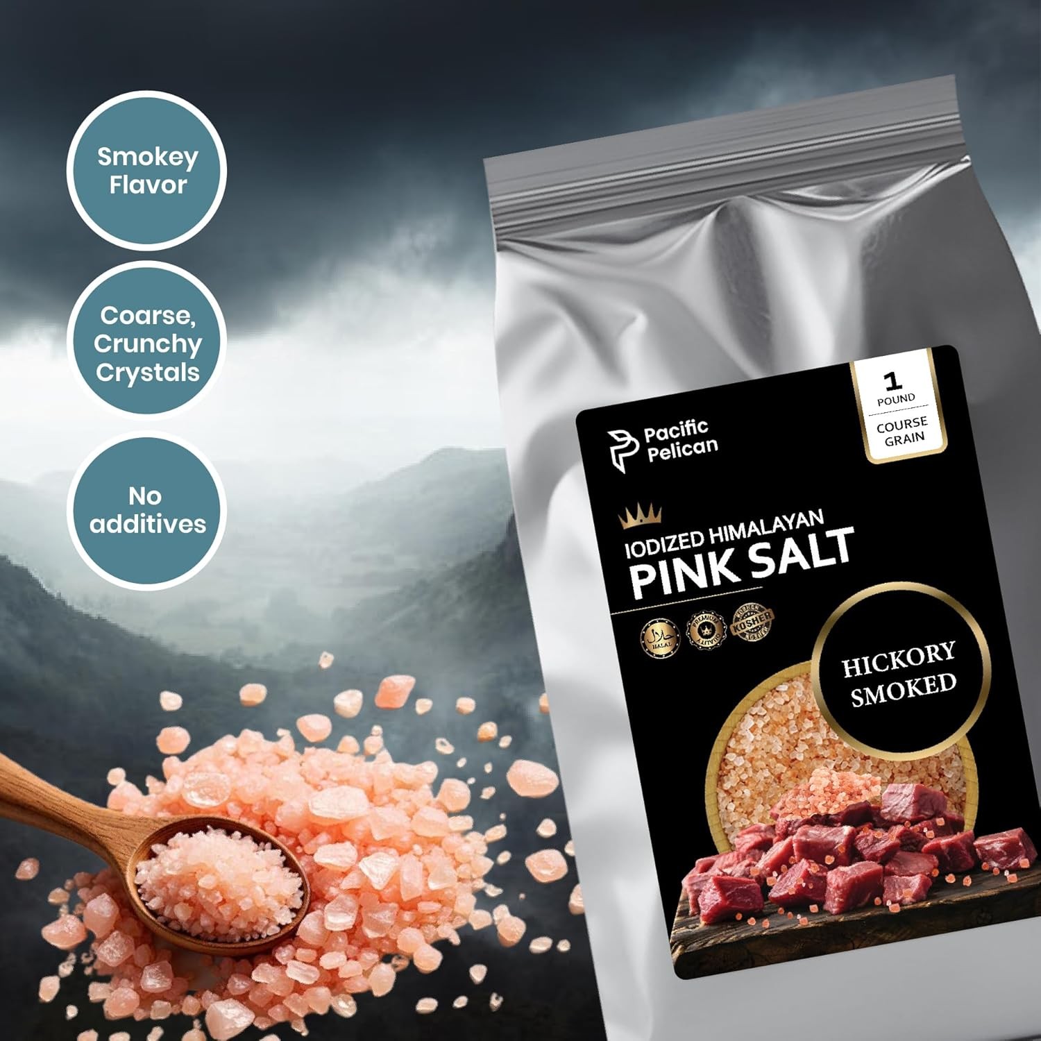 Pacific Pelican Iodized Himalayan Pink Salt – Hickory Smoked, Coarse Grain