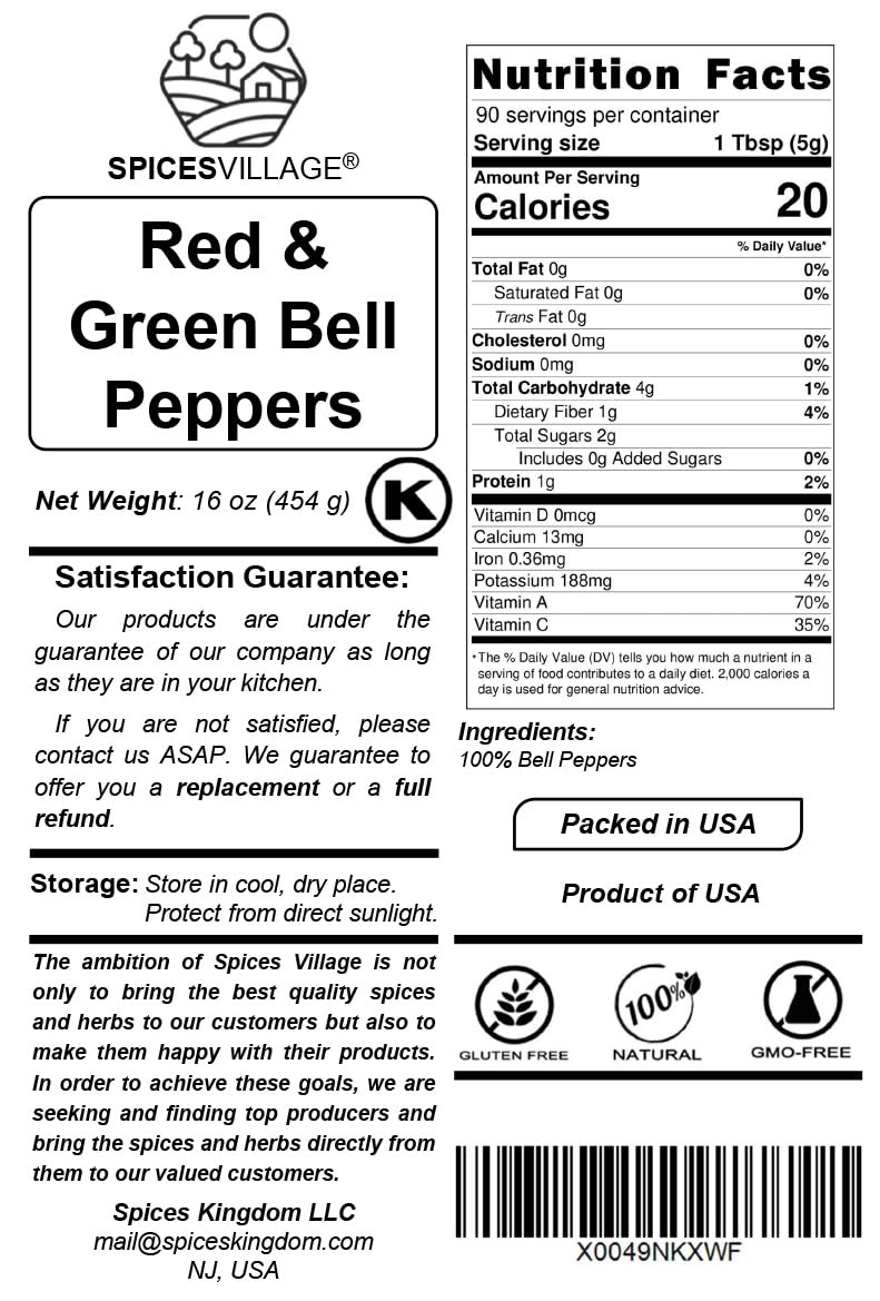 SPICES VILLAGE Dehydrated Bell Peppers Mix, Dried Pepper Flakes, 16 oz