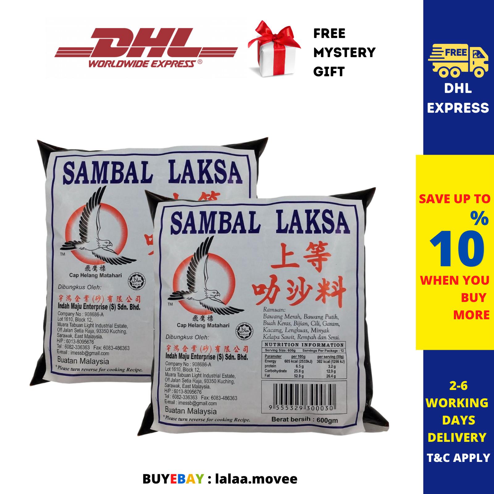 5 Packets X 600g Malaysia Famous Sarawak Laksa Paste Helang Matahari DHL