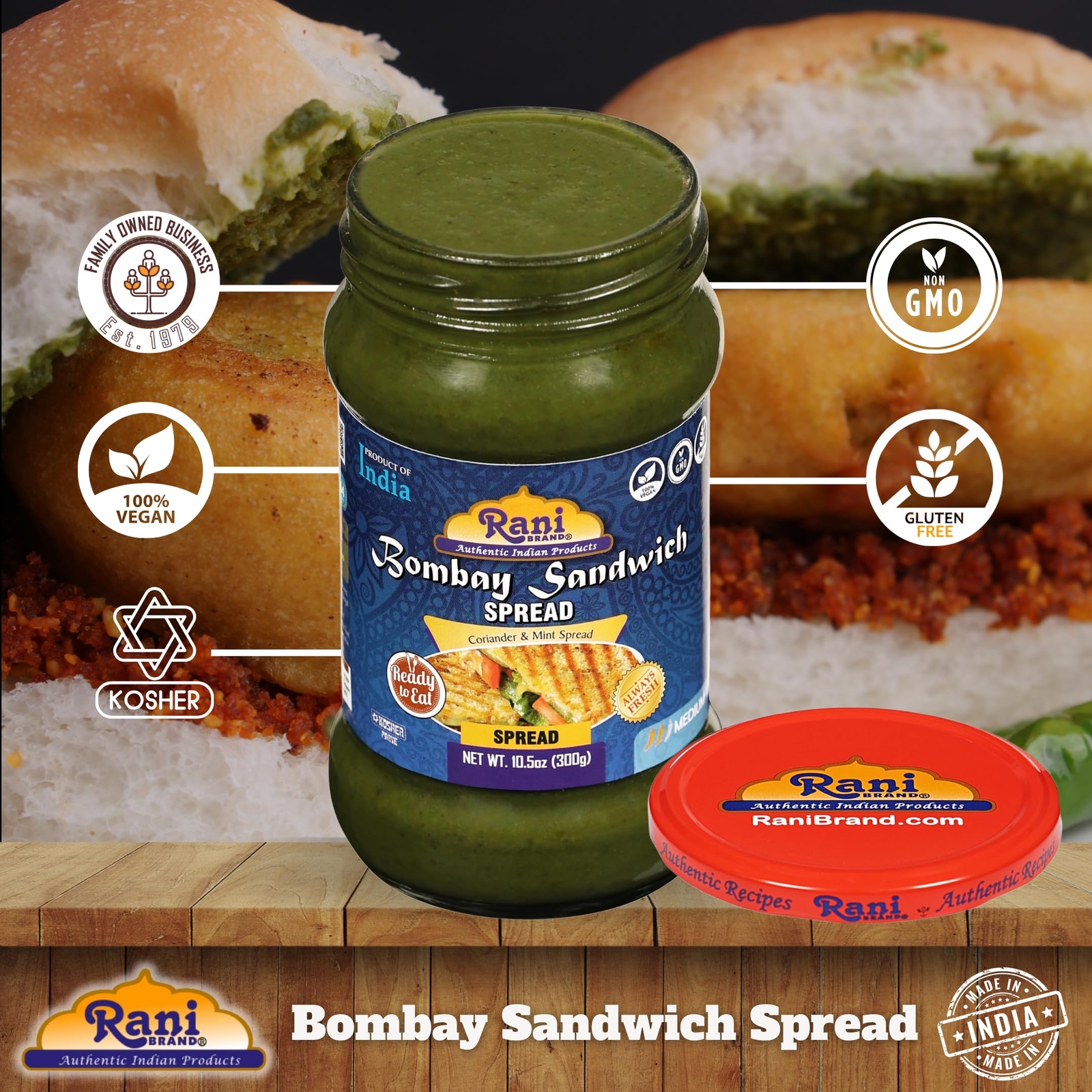 Rani Bombay Sandwich Spread, Mild (Mint & Coriander) 10.5oz (300g) Glass Jar