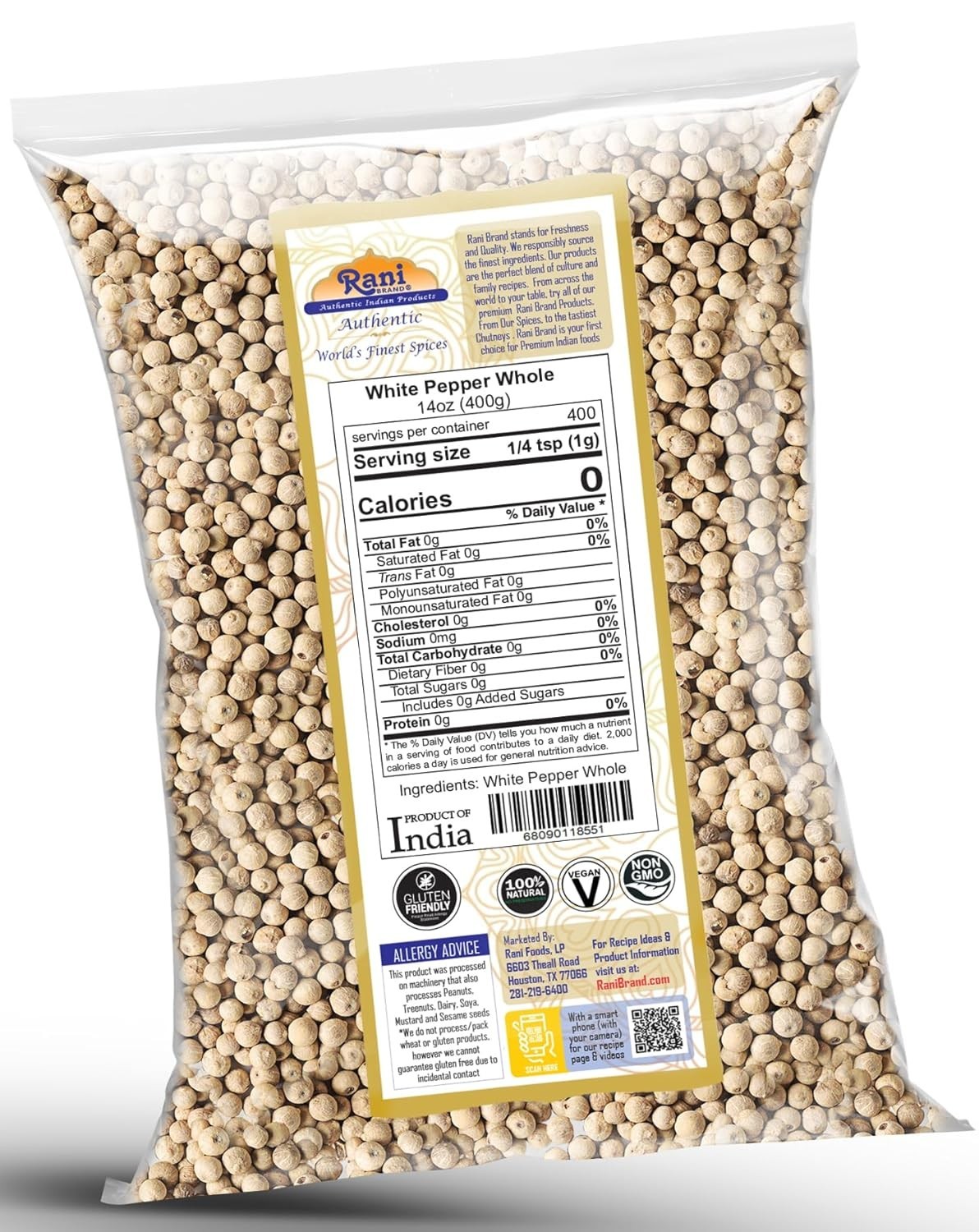 Rani White Pepper Whole (Peppercorns), Premium Indian 14oz (400g) | BB 12/2026