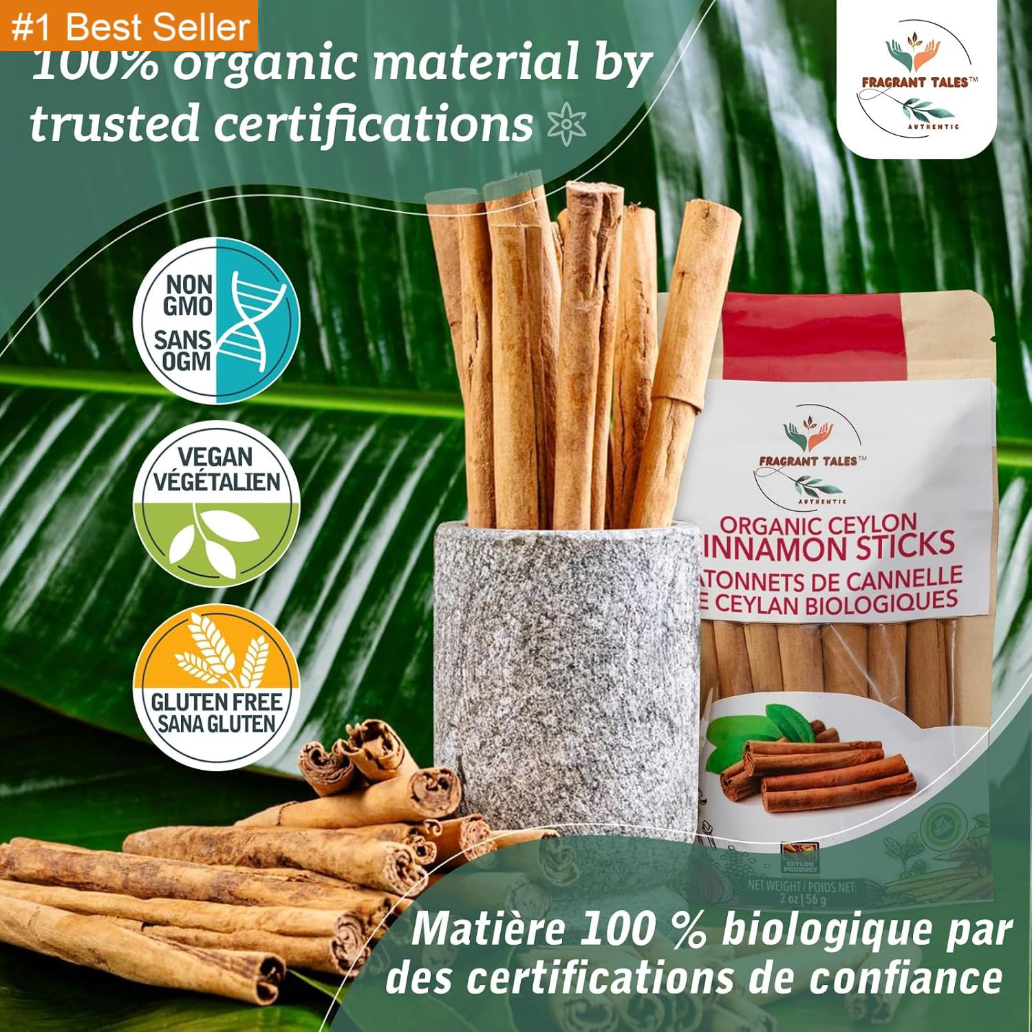 Premium Organic Ceylon Cinnamon Sticks – 1 Oz (28G), 4″ Cut 5 to 7 Sticks, True