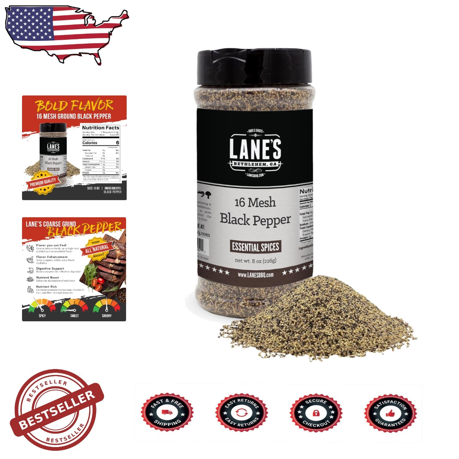 Lane’s 16 Mesh Coarse Black Pepper 8oz – Spice, Bold Flavor, Slow Heat