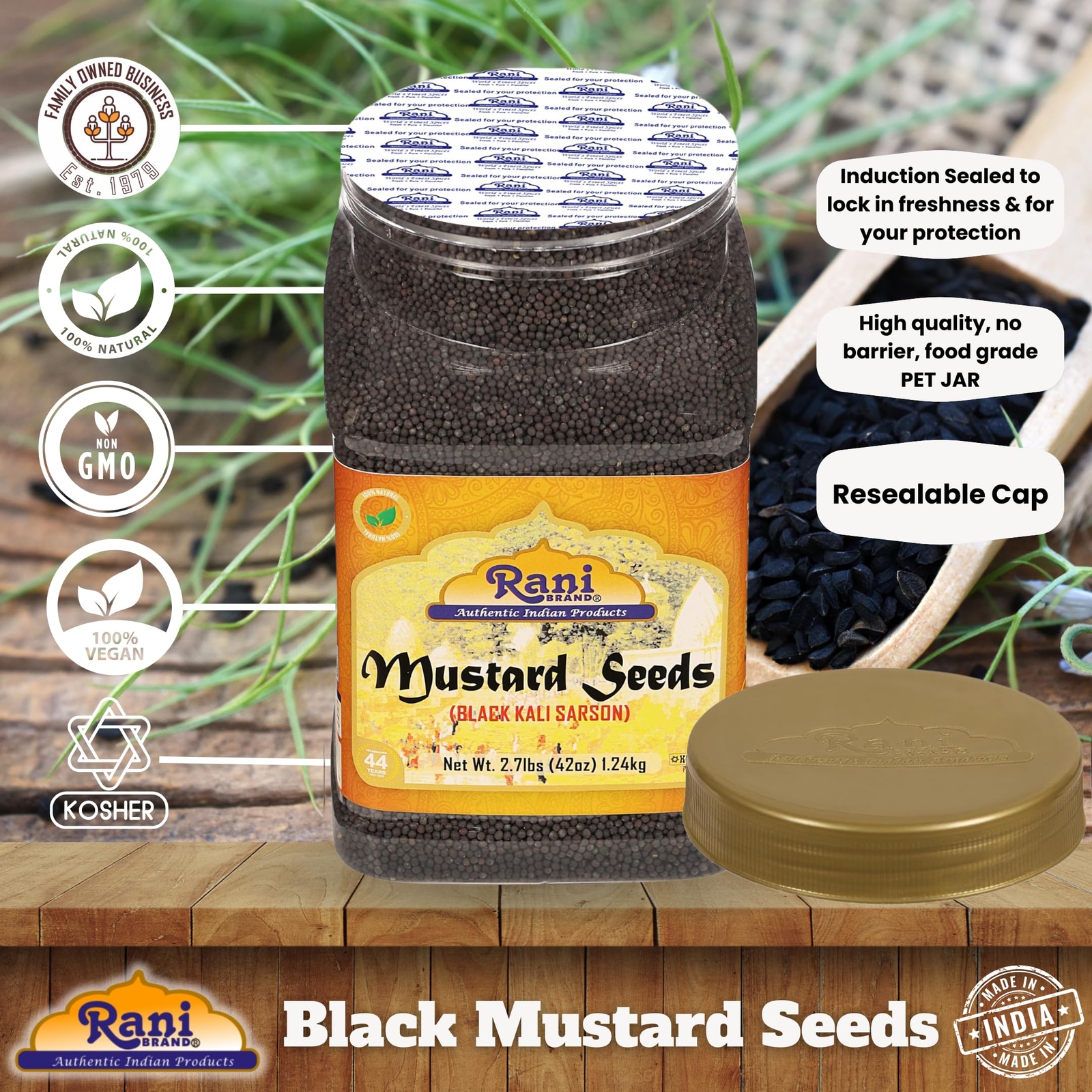 Rani Black Mustard Seeds Whole Spice (Kali Rai) 42oz (2.7lbs) 1.22kg PET Jar