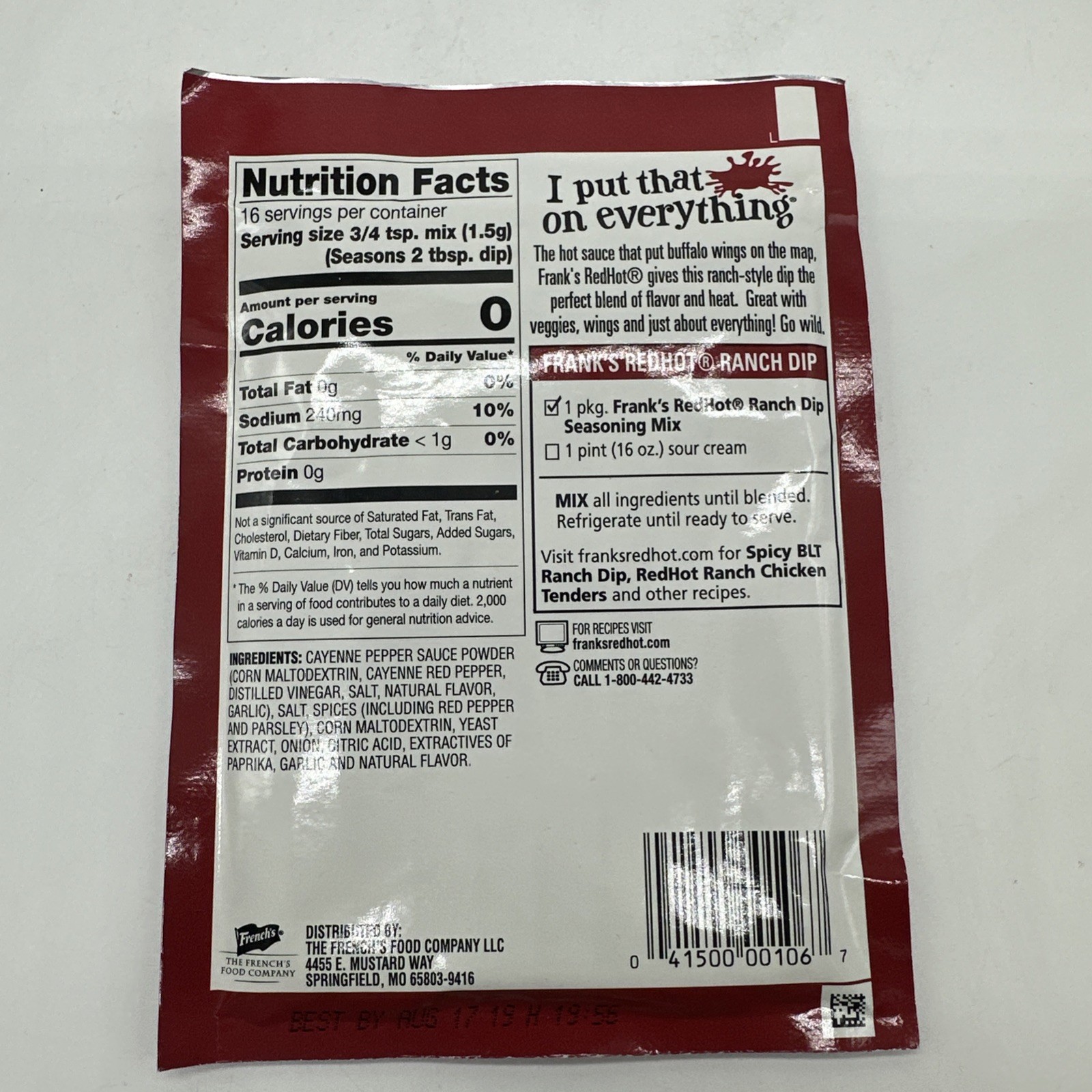 Frank’s RedHot Ranch Dip Seasoning Mix Discontinued BB 2019 Lot x 4