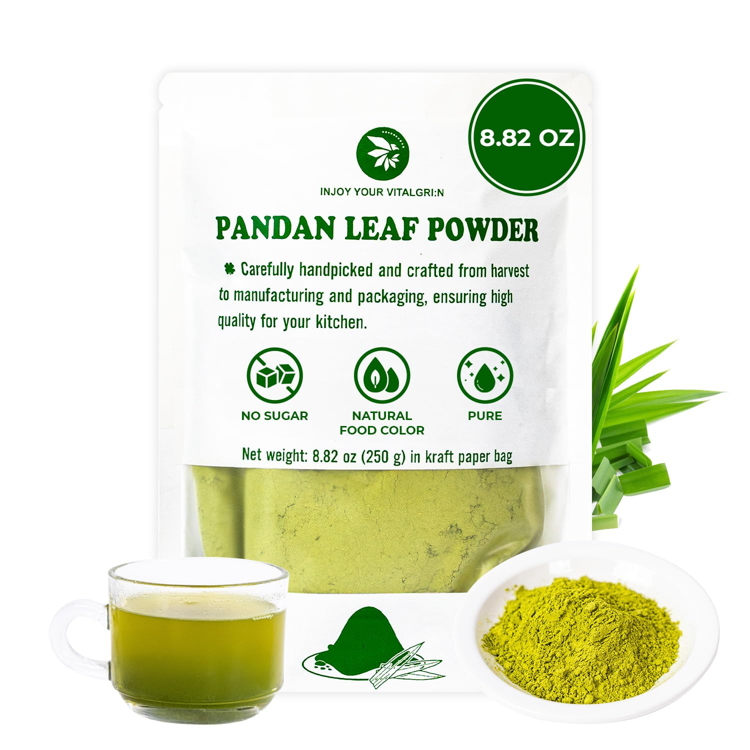 Pandan Leaf Powder 8.82 Oz, Pure & No Sugar Added, Caffeine Free, Refreshing Tas