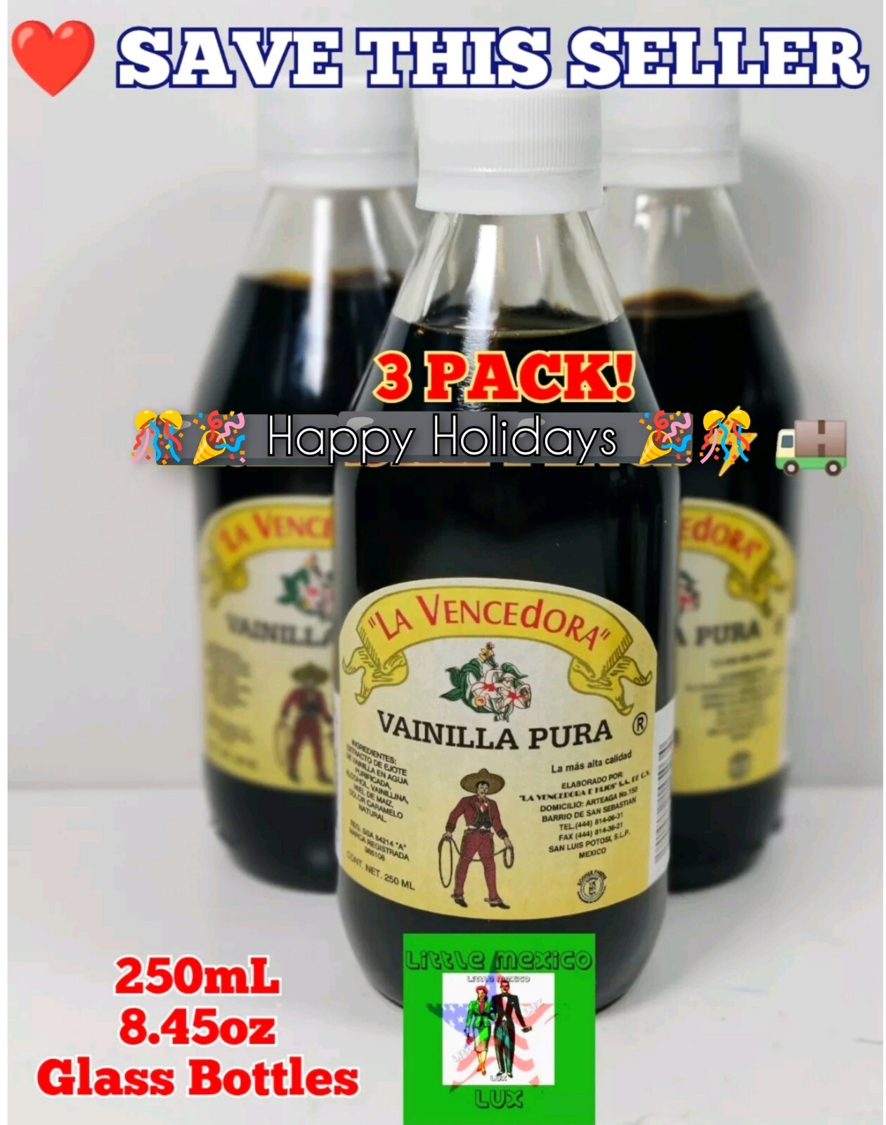 3 La Vencedora Pure Mexican Vanilla Extract Small Glass 8.45oz/250mL⚡🚚