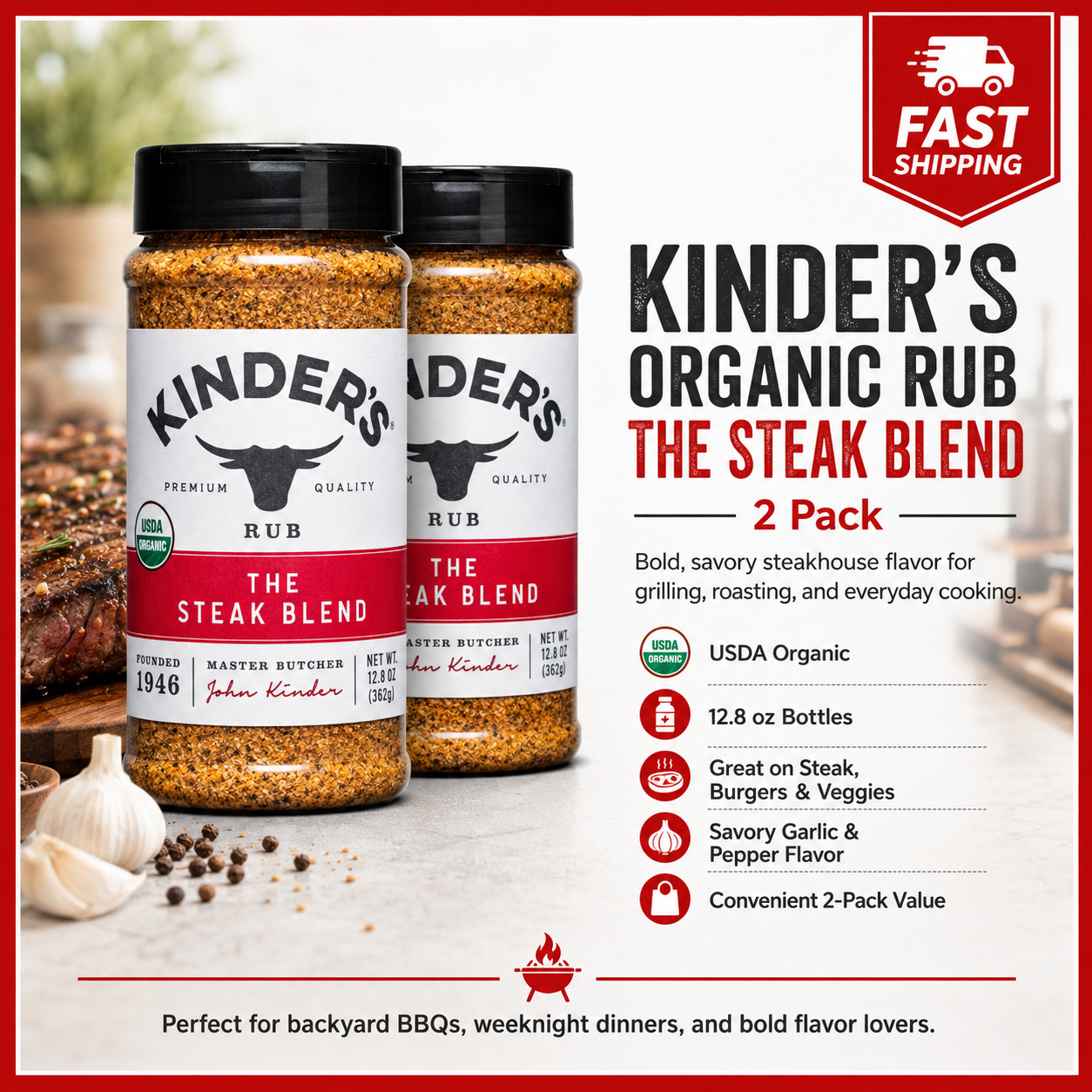 2 Pack Kinder’s Organic Rub, The Steak Blend, 12.8 oz Each