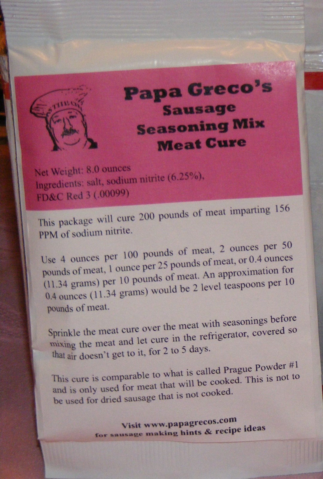 Papa Greco’s Meat Cure-for cured meat that will be cooked, not eaten raw