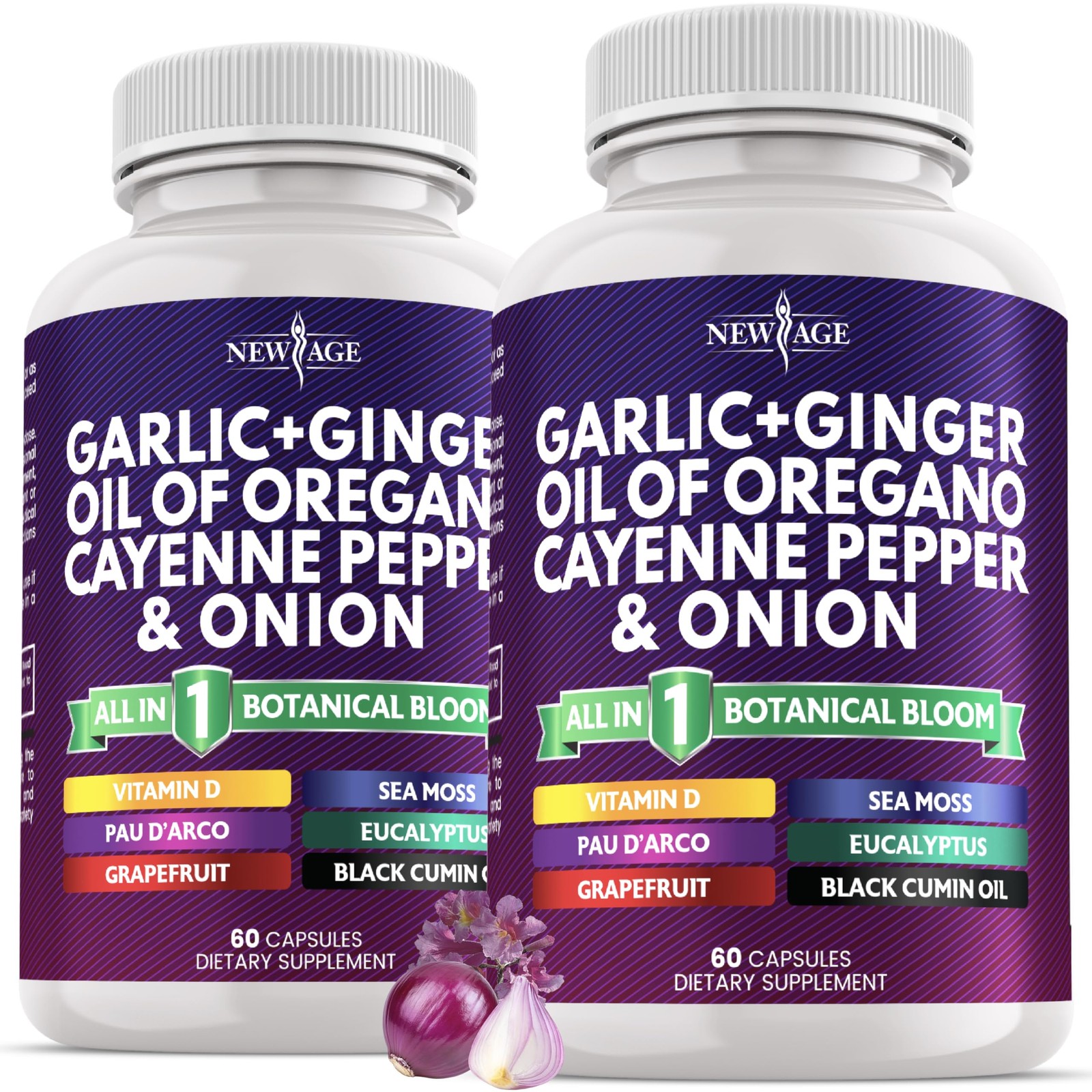 Garlic + Ginger Supplement – Oil of Oregano, 60 Count (Pack 2)