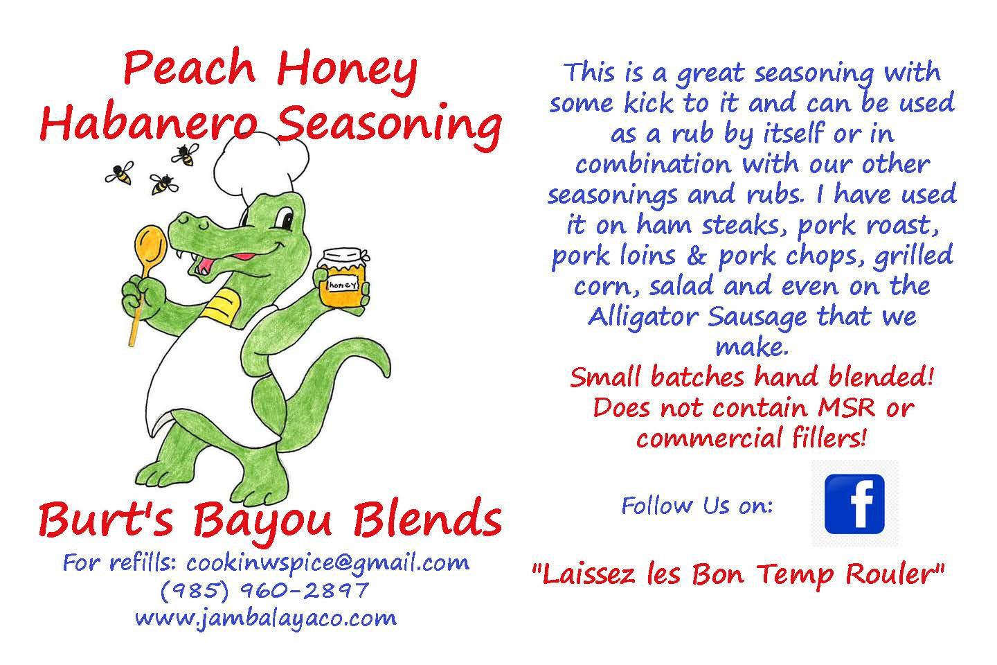 Peach Honey Habanero Seasoning, Burt’s Bayou Blends Seasonings