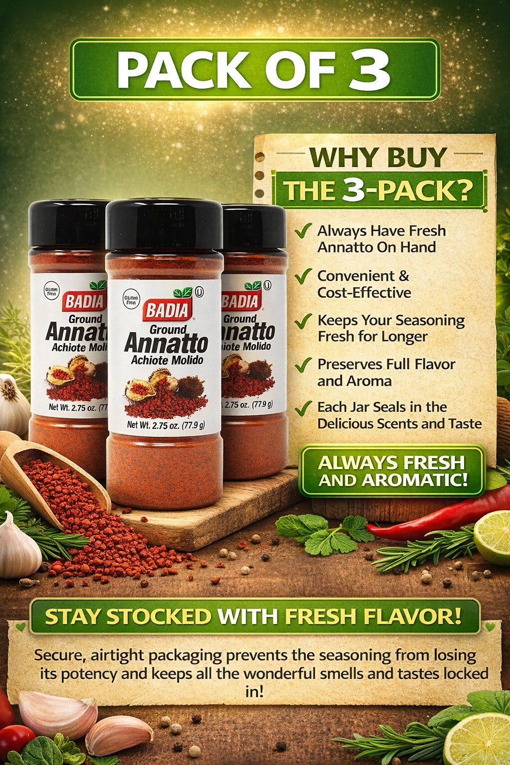 Badia Ground Annatto Achiote Molido 2.75 oz Pack of 3 Seasoning Spice Fresh
