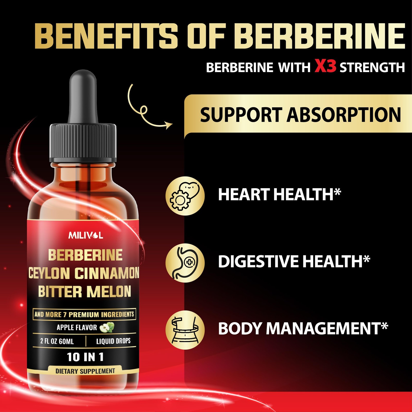 MILIVOL 10in1 Liquid Drops Berberine with Ceylon Cinnamon 2 Fl Oz (Pack of 1)