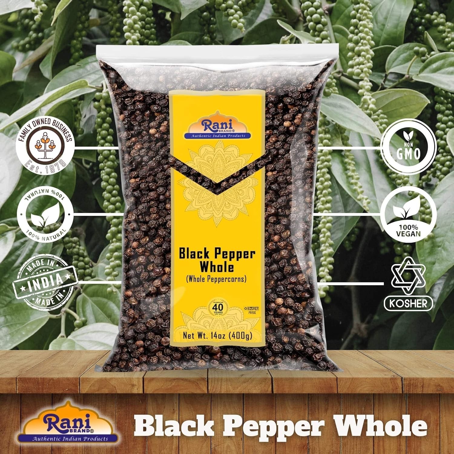 Black Pepper Whole (Peppercorns), Premium Indian MG-1 Grade 14oz (400g)