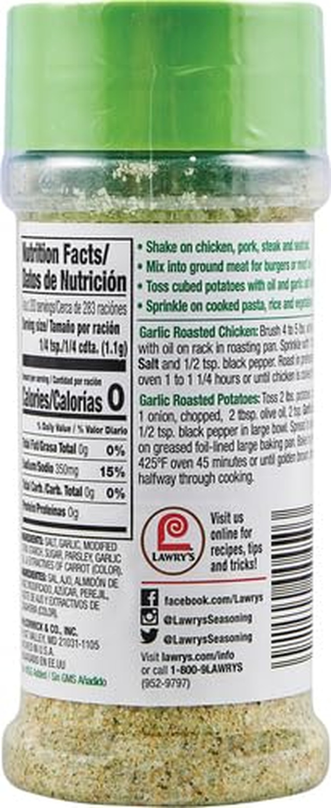 Lawry’S Garlic Salt, Coarse Ground with Parsley, No MSG Added, Kosher Certified,
