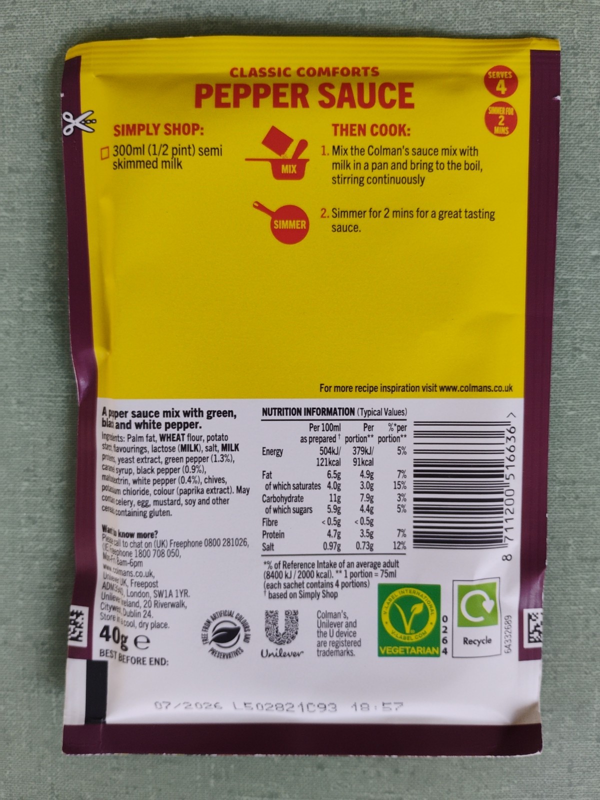 Colman’s Pepper Sauce Packett Mix 40g 9-Pack Exp 07/2026